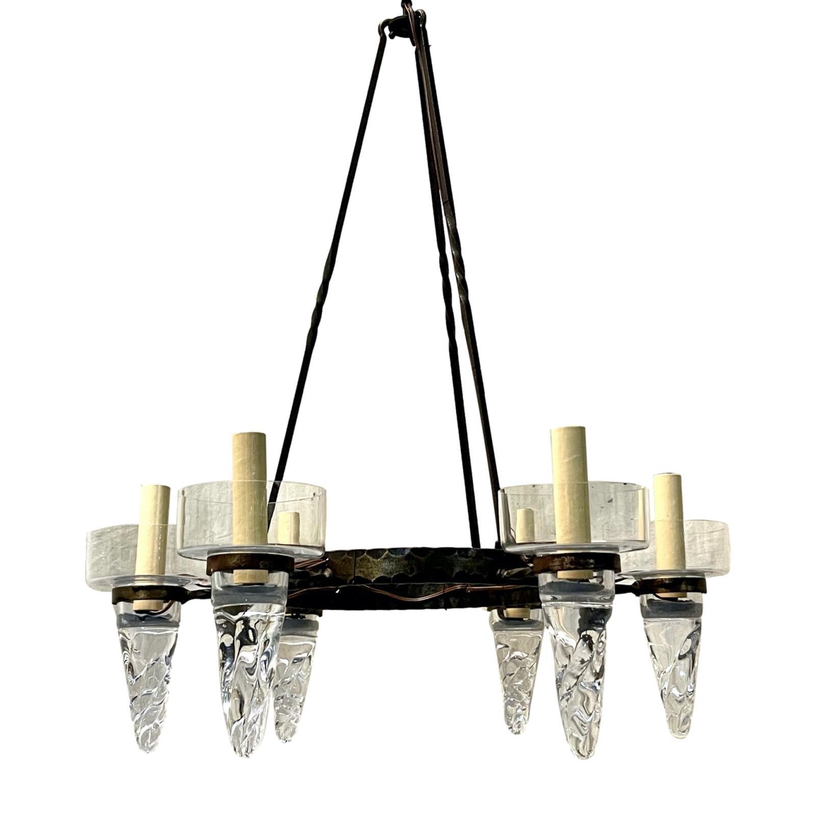 Swedish Mid Century Iron Chandelier with Glass Insets For Sale