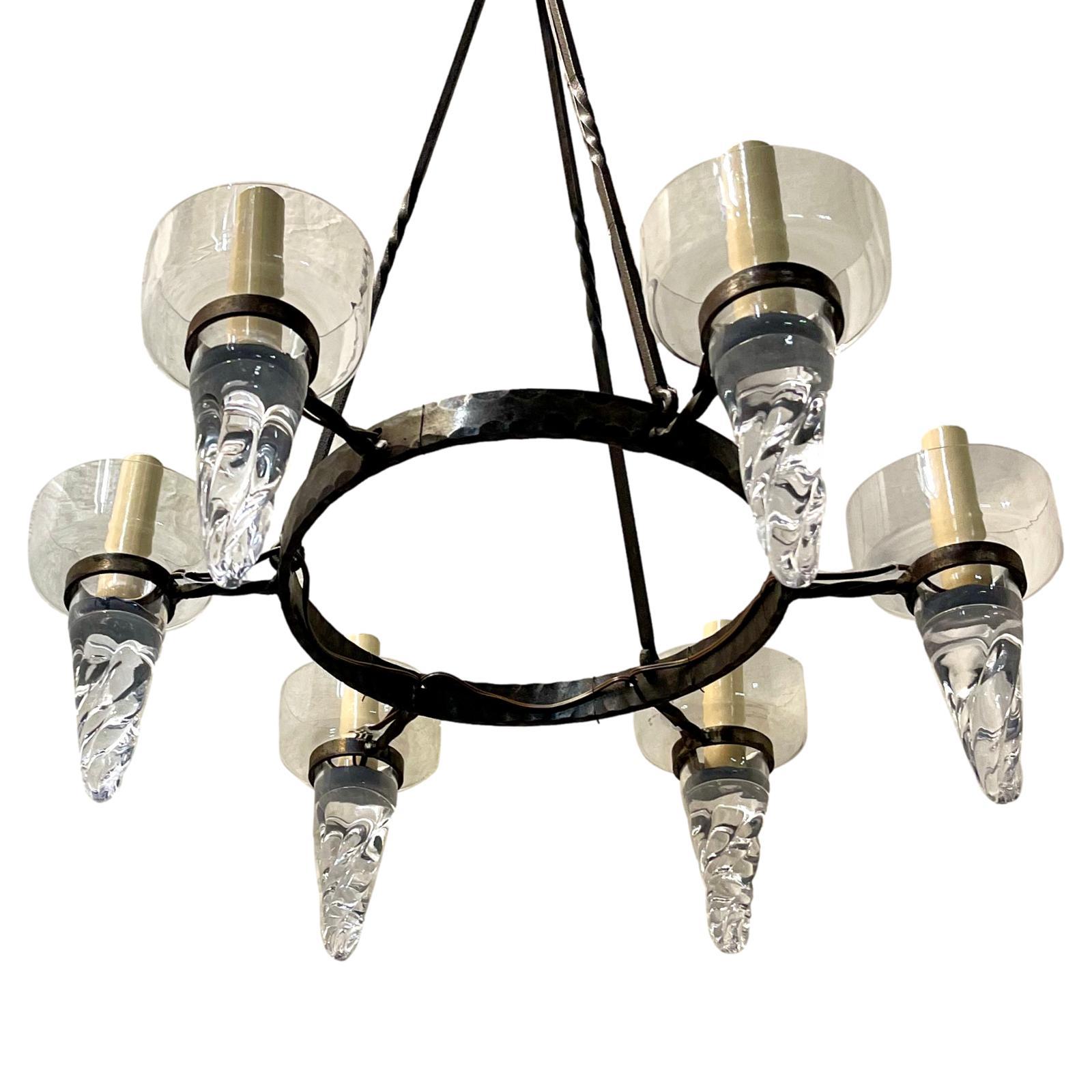 Mid Century Iron Chandelier with Glass Insets In Good Condition For Sale In New York, NY