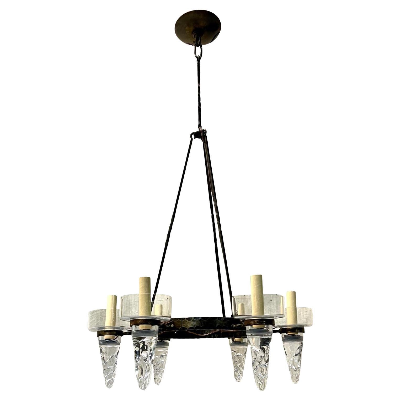 Mid Century Iron Chandelier with Glass Insets
