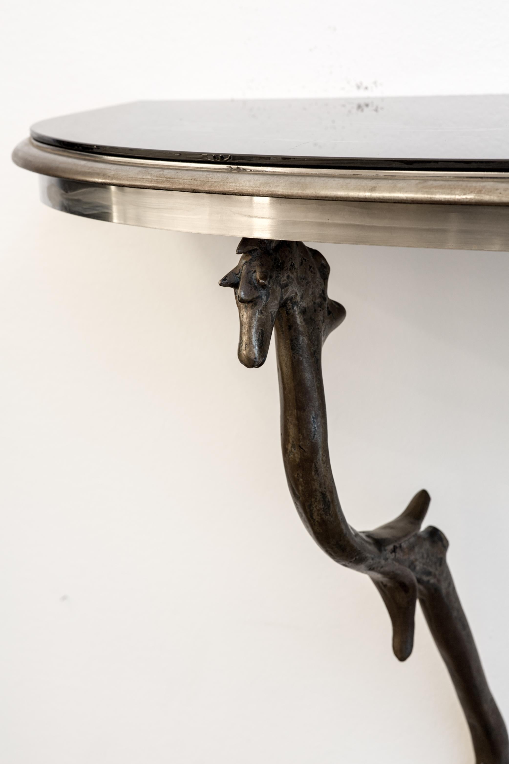 French Midcentury Iron Console Table with Bronze Horsehead Shaped Holdings