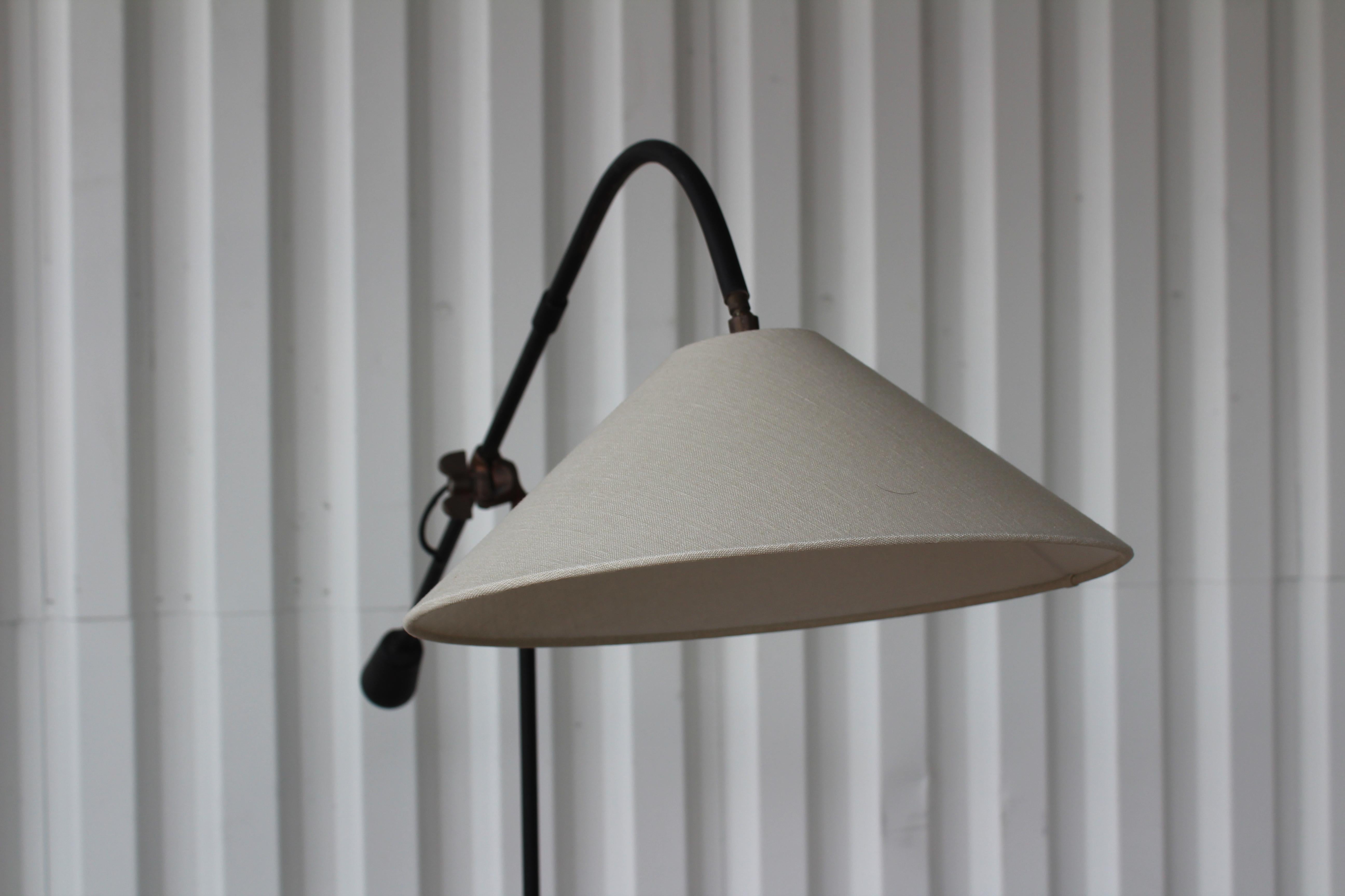Linen Midcentury Iron Counter Balance Floor Lamp, France, 1950s