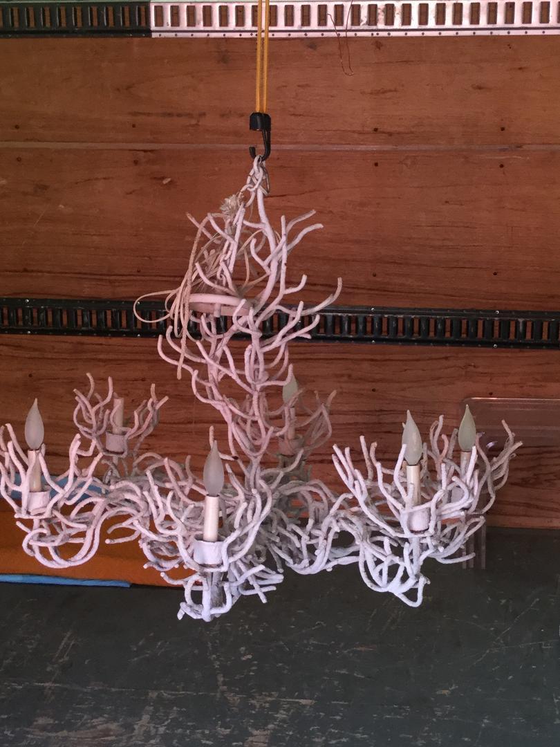 Hollywood Regency Midcentury White Iron Faux Coral Chandelier