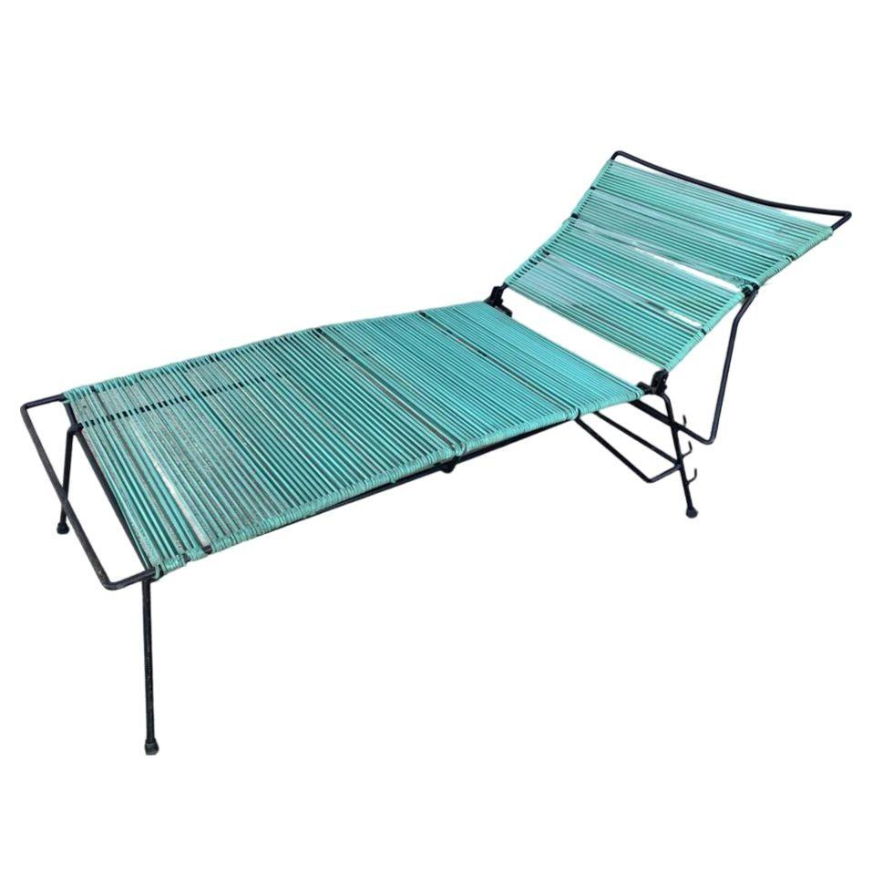 Mid-Century Modern Mid Century Iron Outdoor/Patio Chaise Lounge with Teal Cord For Sale