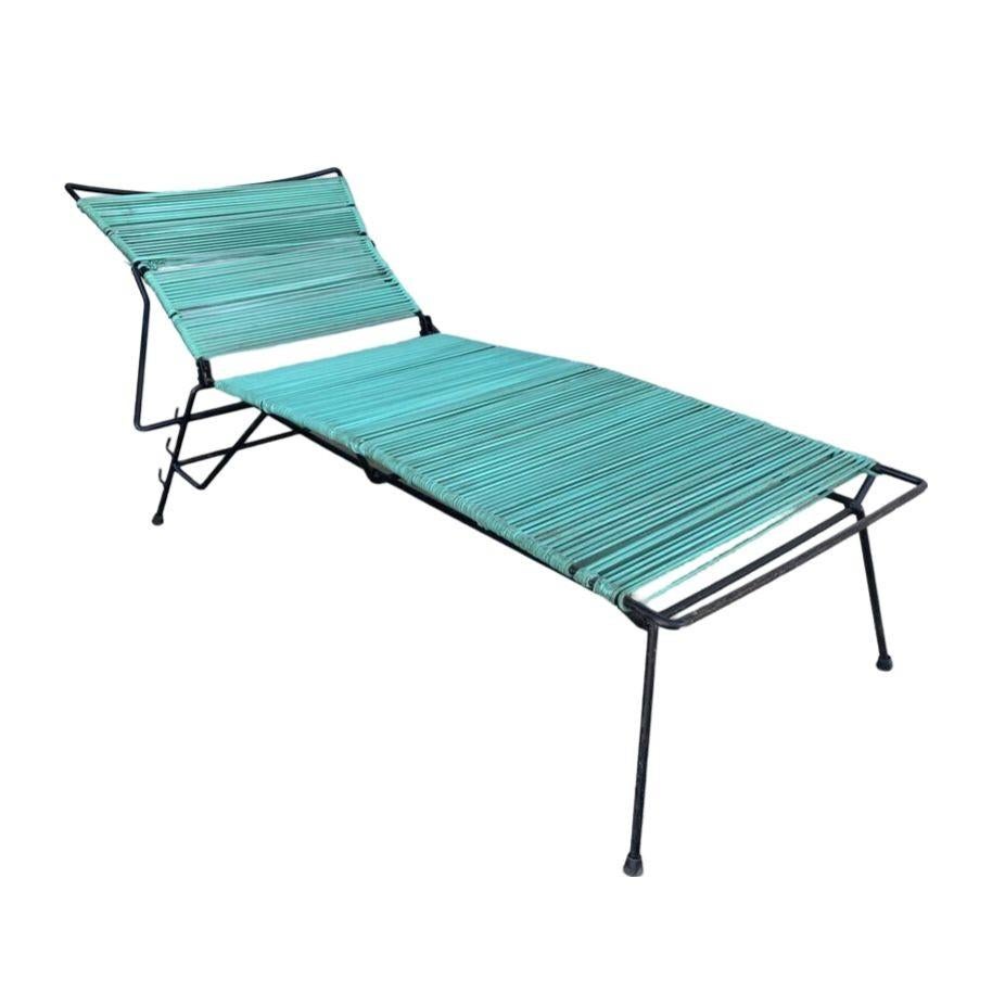 American Mid Century Iron Outdoor/Patio Chaise Lounge with Teal Cord For Sale