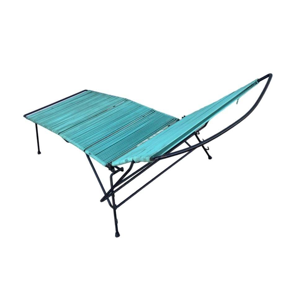 Mid Century Iron Outdoor/Patio Chaise Lounge with Teal Cord For Sale 3