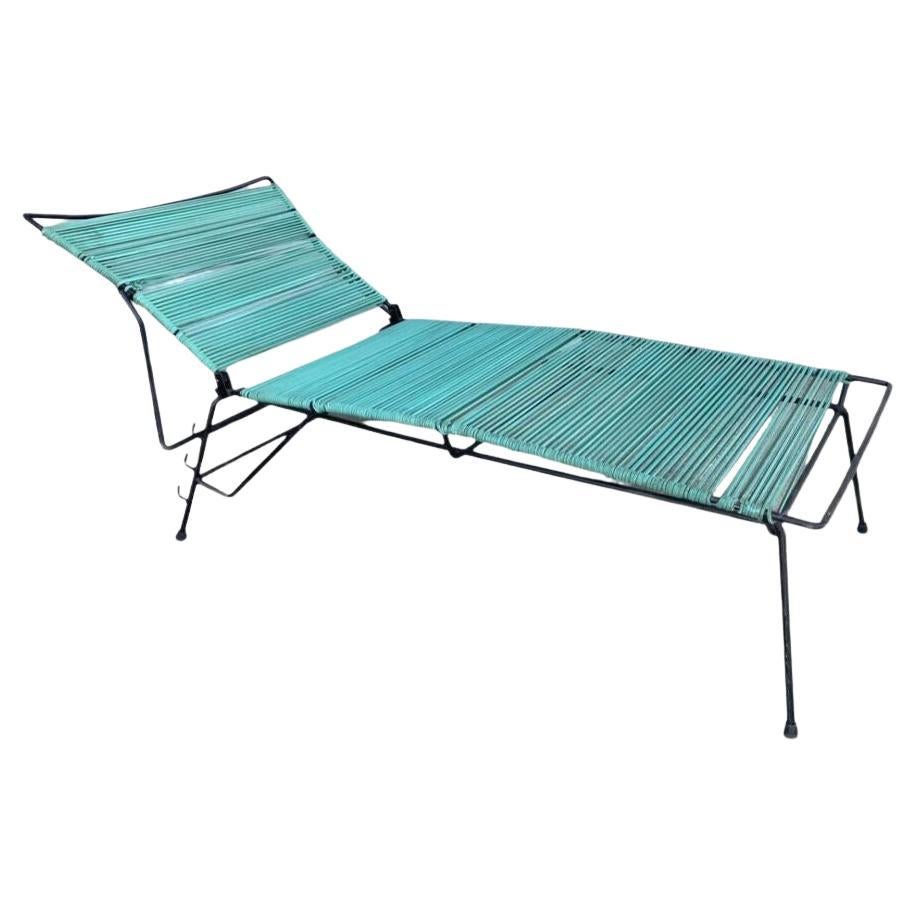 Mid Century Iron Outdoor/Patio Chaise Lounge with Teal Cord For Sale