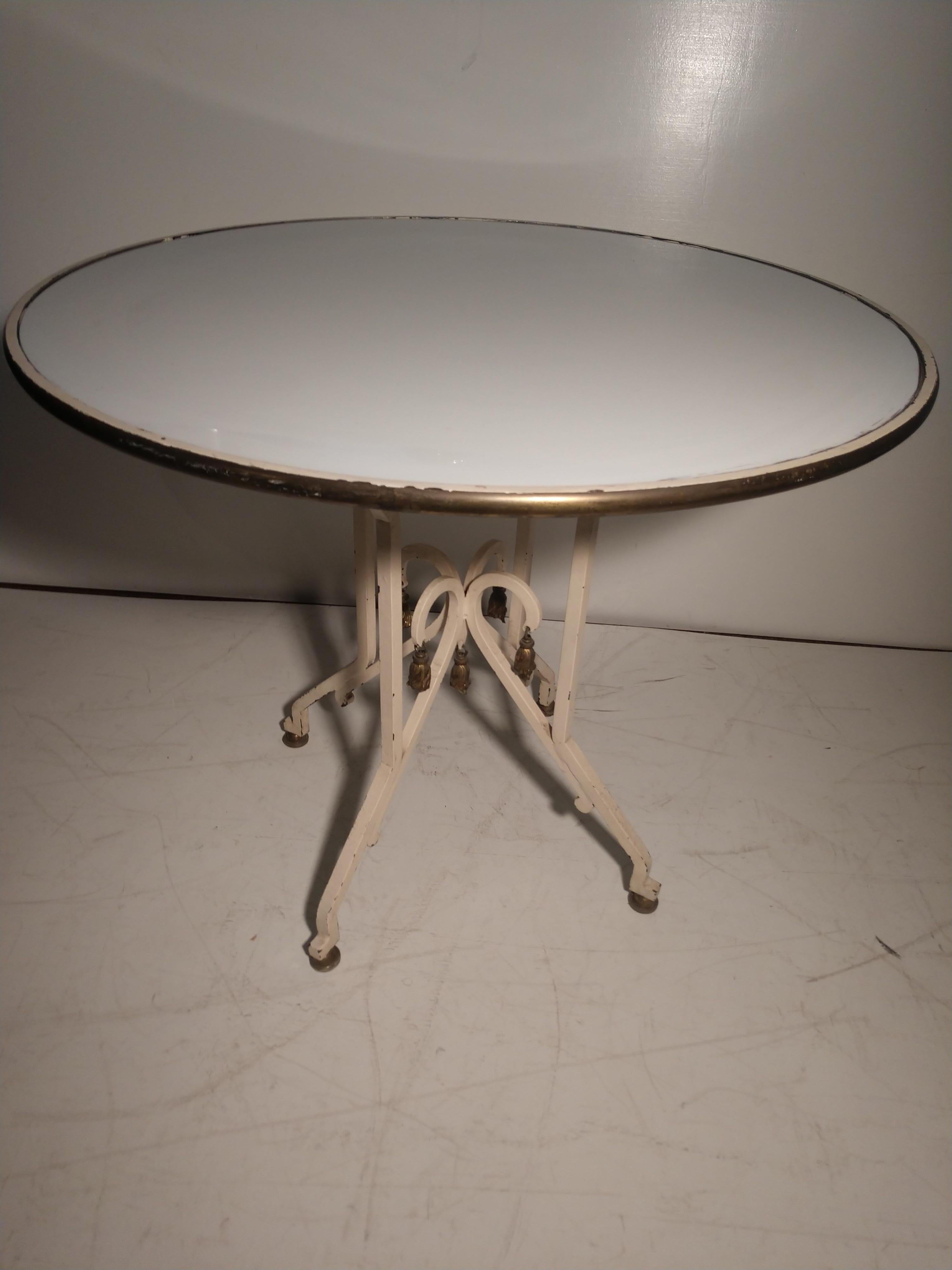 American Mid Century Iron Patio Dining Table with Milk Glass Top & Brass Trim For Sale