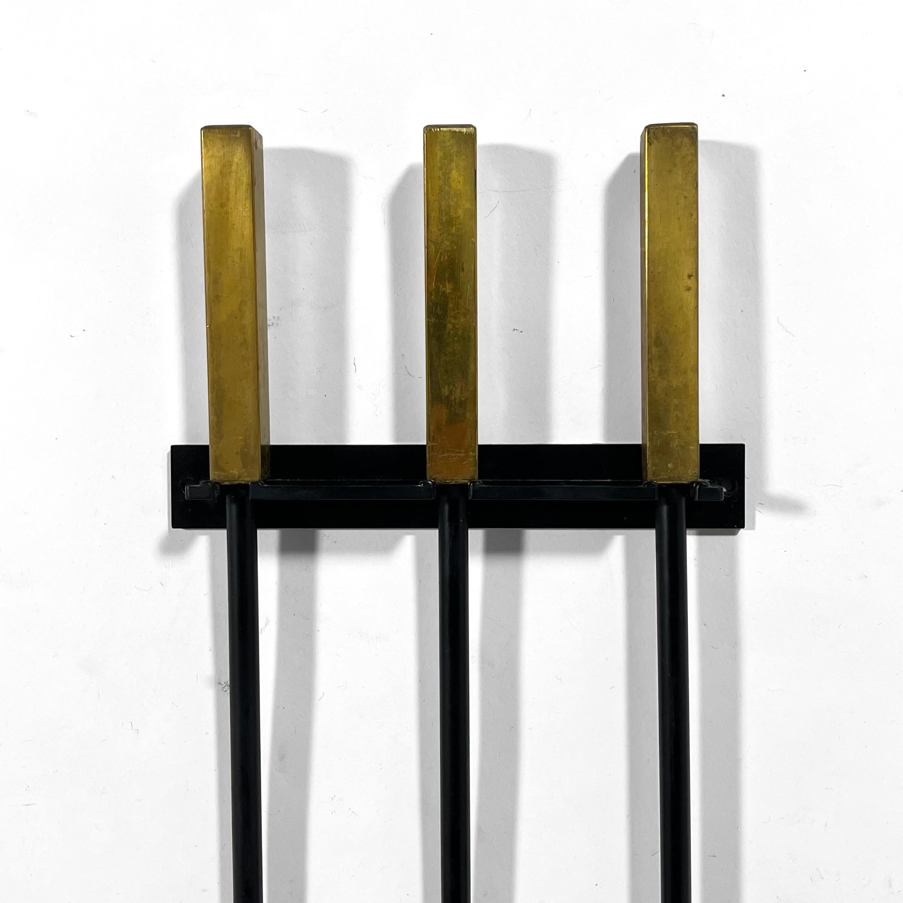 Mid-Century Modern Mid-Century Iron Wall-Mounted Fire Tools with Brass Handles