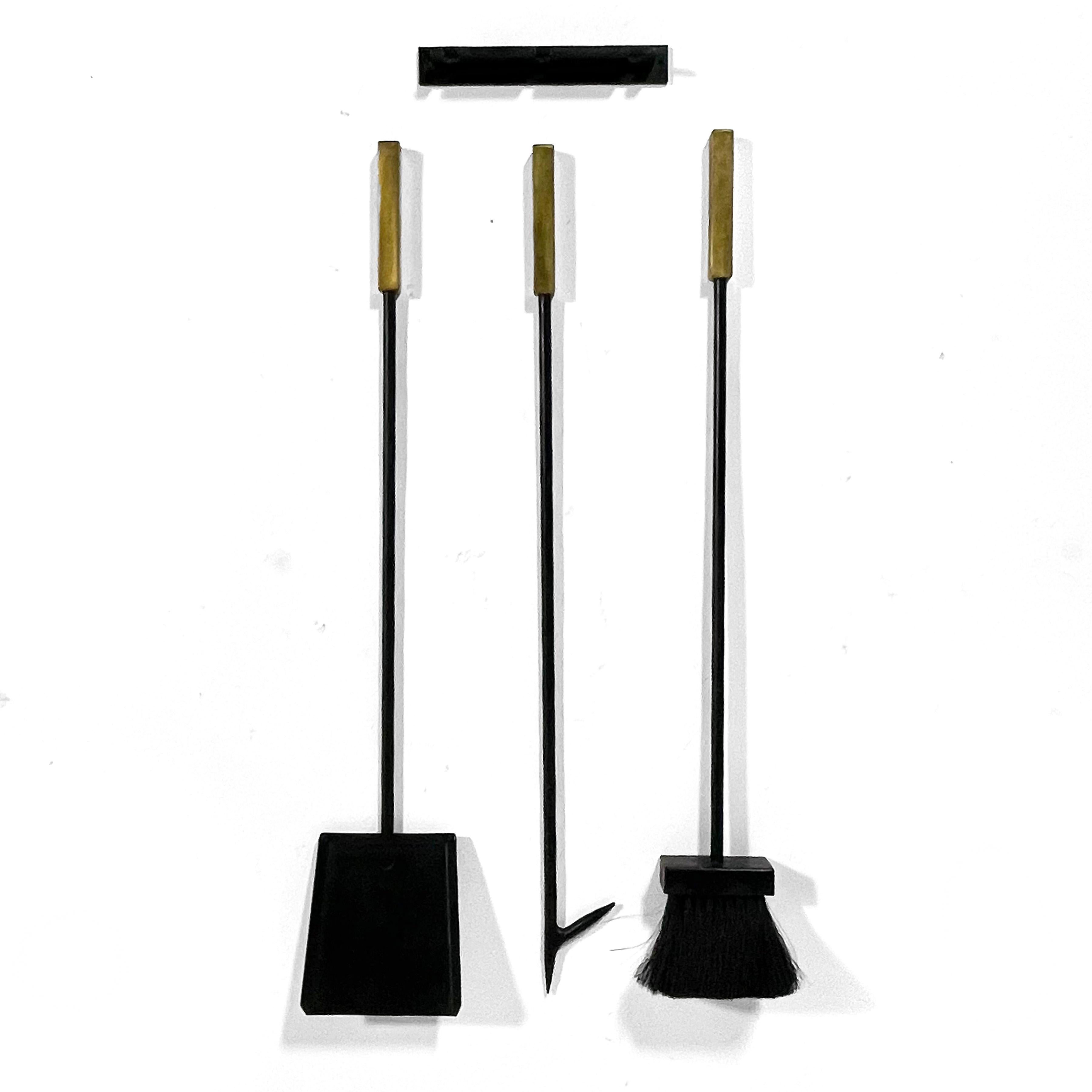 American Mid-Century Iron Wall-Mounted Fire Tools with Brass Handles