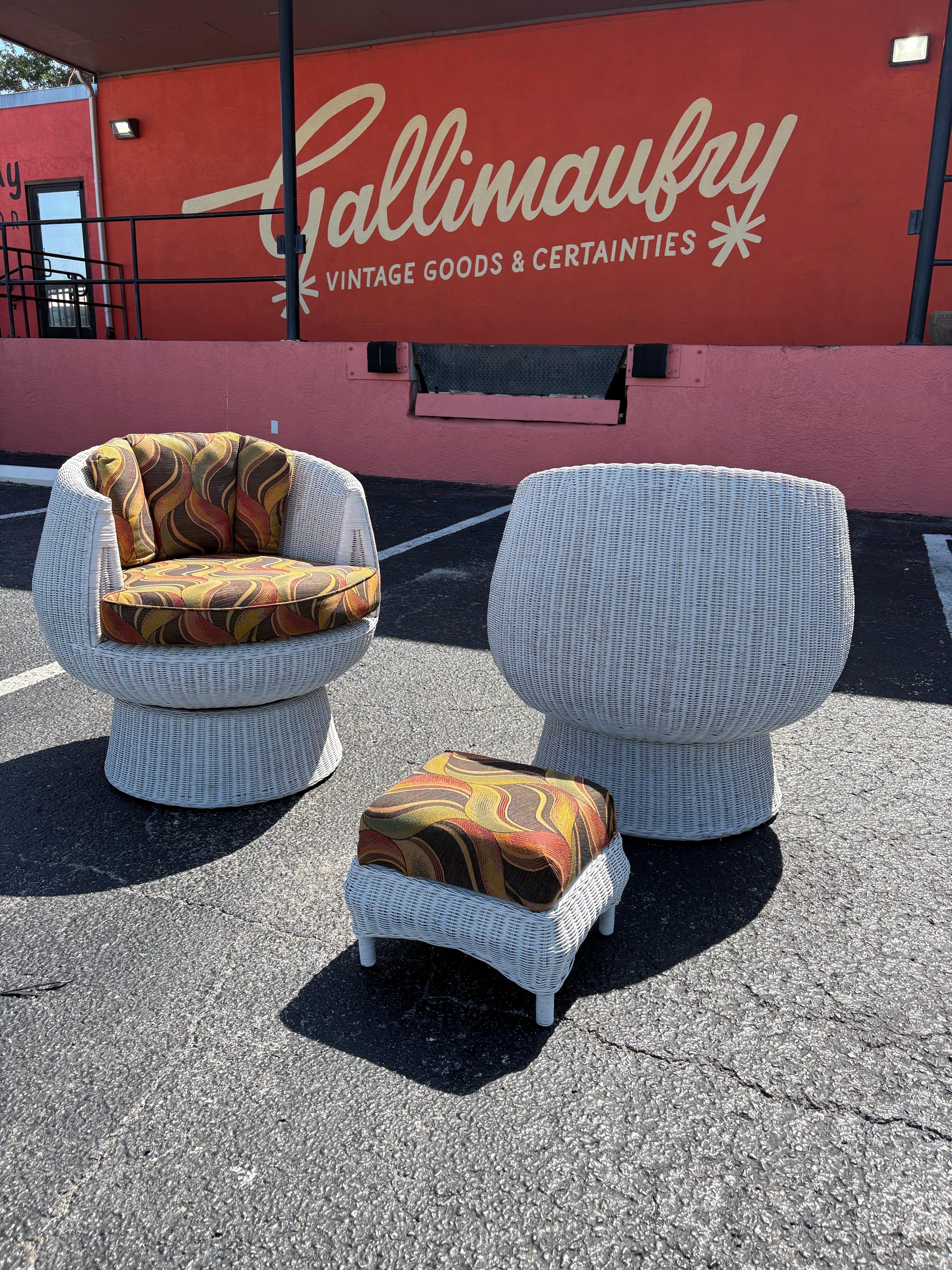 Fabric Mid Century Isamu Kenmochi style Wicker Rattan Bubble Mushroom Swivel Chair Pair For Sale