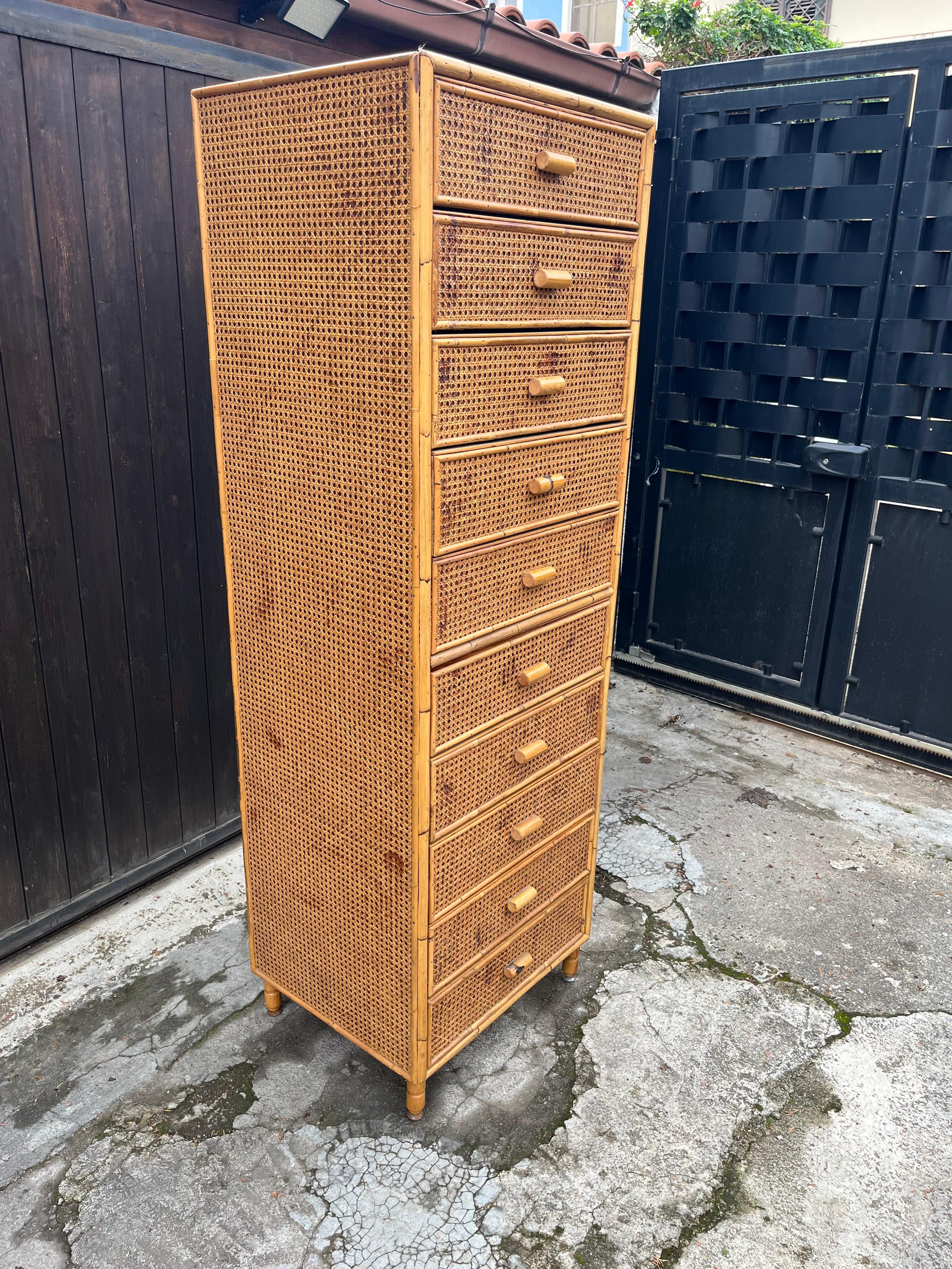 Italienische Kommode aus Rattan und Bambus mit 10 Schubladen aus der Mitte des Jahrhunderts, 1960er Jahre im Angebot 4