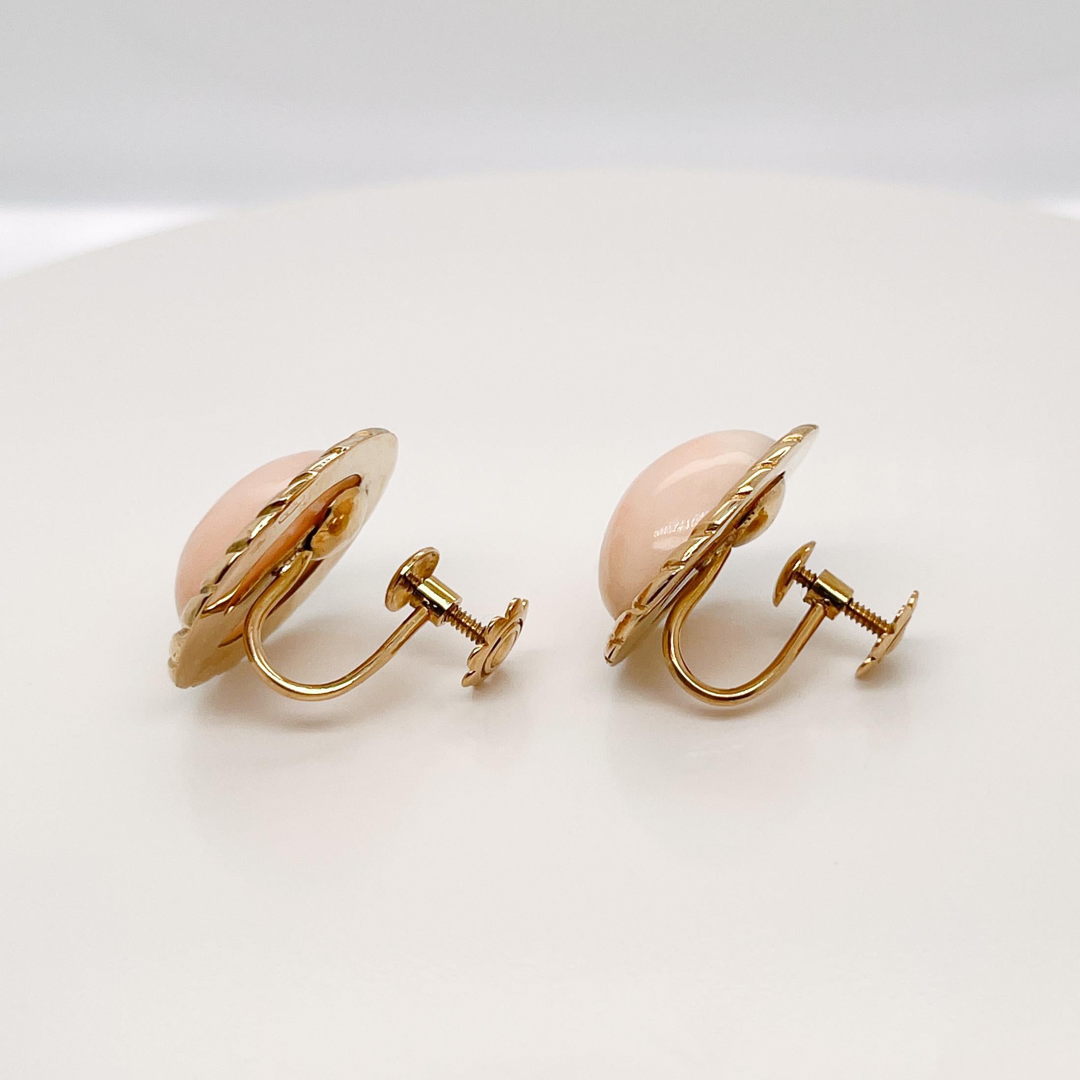 Women's or Men's Mid-Century Italian 18K Gold & Pink Coral Cabochon Screw Back Earrings For Sale