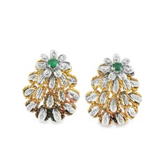 Mid-Century Italian 18K Two-Tone Gold Emerald and Diamond Floral Earrings