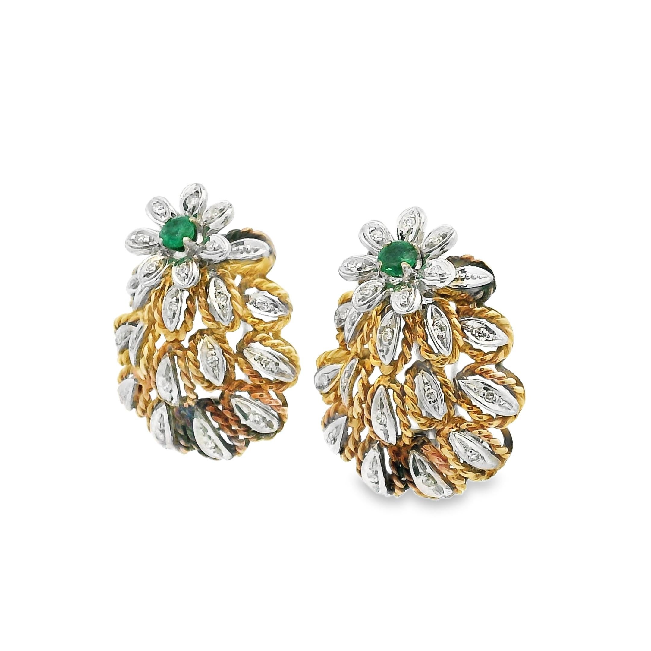 Italienische Ohrringe aus der Jahrhundertmitte aus zweifarbigem 18K Gold mit Smaragd und Diamant im Angebot 2