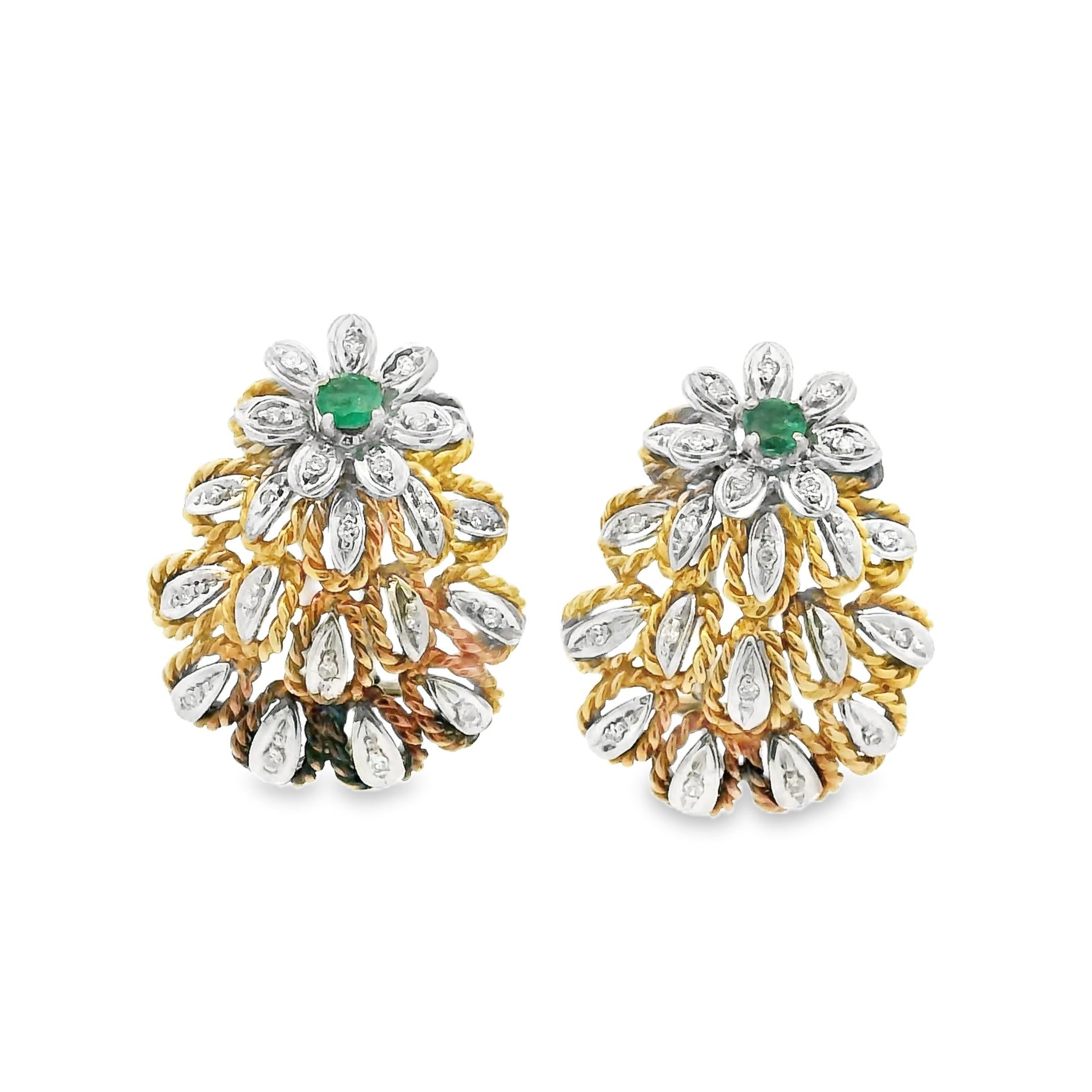 Italienische Ohrringe aus der Jahrhundertmitte aus zweifarbigem 18K Gold mit Smaragd und Diamant im Angebot 3