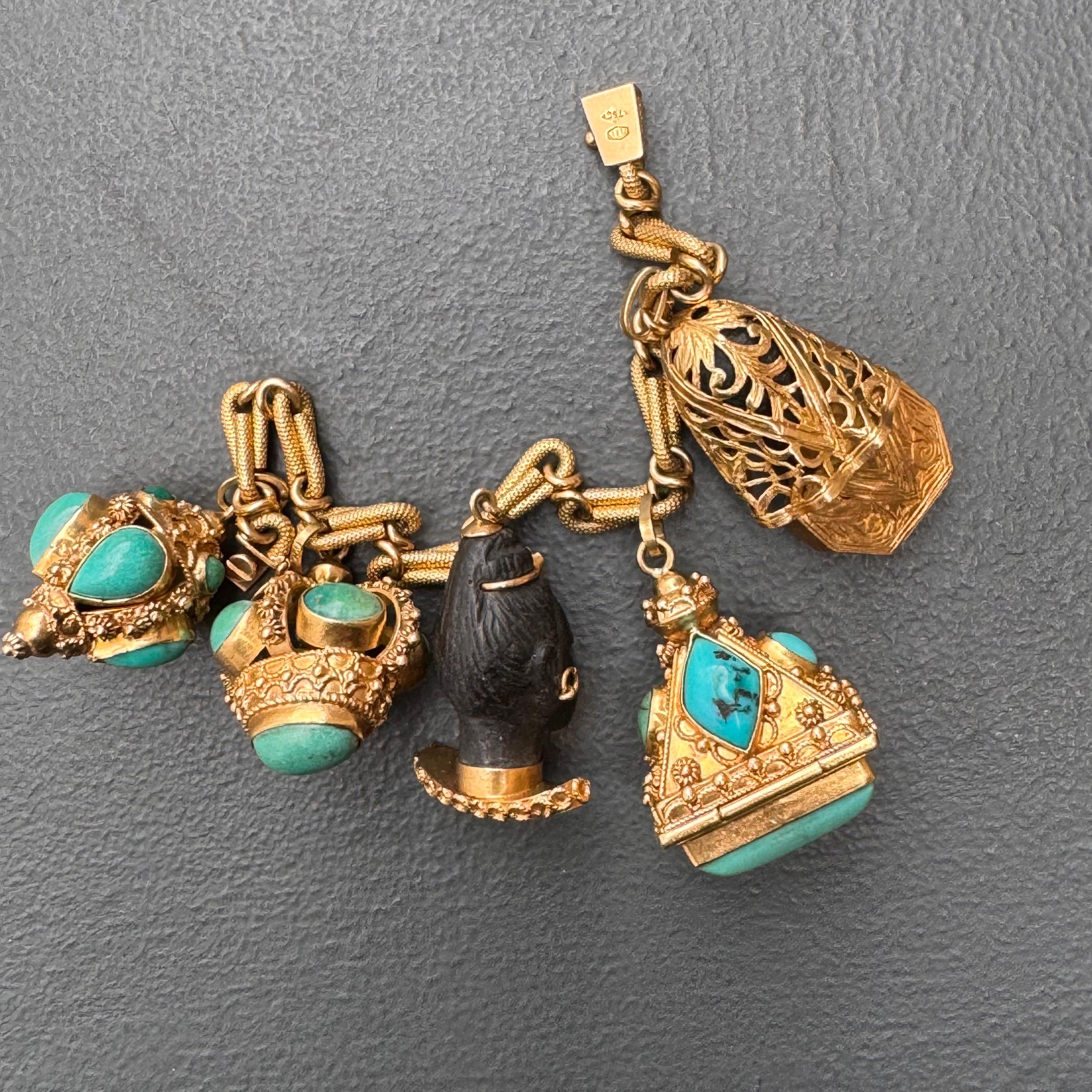 Mid century Italian 18kt Gold Turquoise Etruscan Revival Charm Locket Bracelet For Sale 3