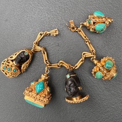 Mid Century Italian 18kt Gold Turquoise Etruscan Revival Locket Charm Bracelet
