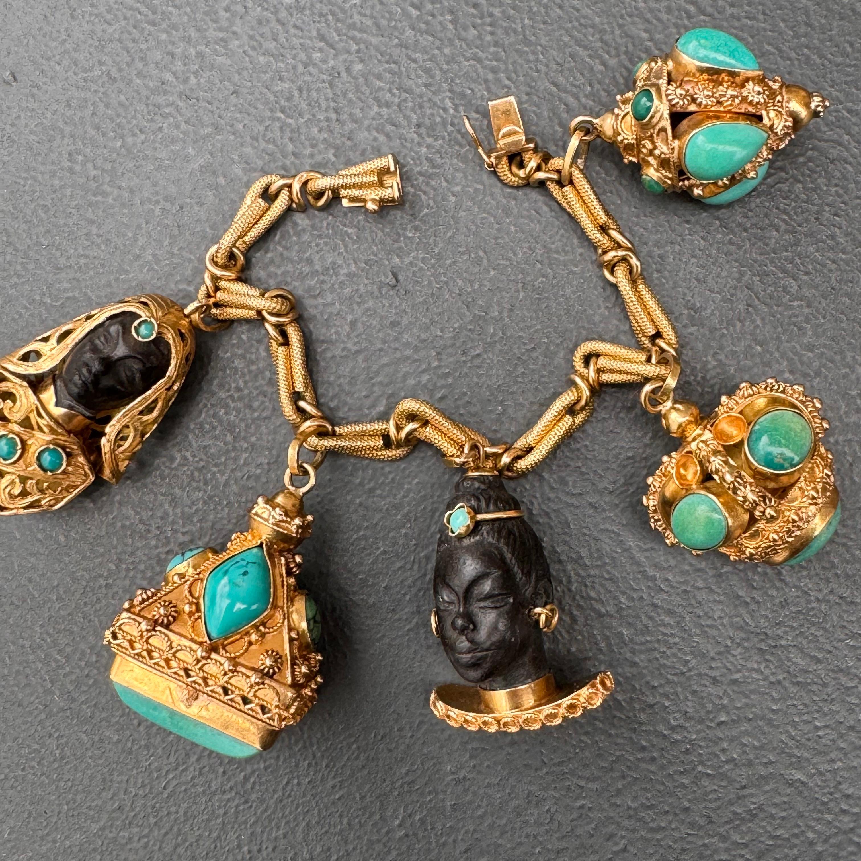 Sugarloaf Cabochon Mid century Italian 18kt Gold Turquoise Etruscan Revival Charm Locket Bracelet  For Sale