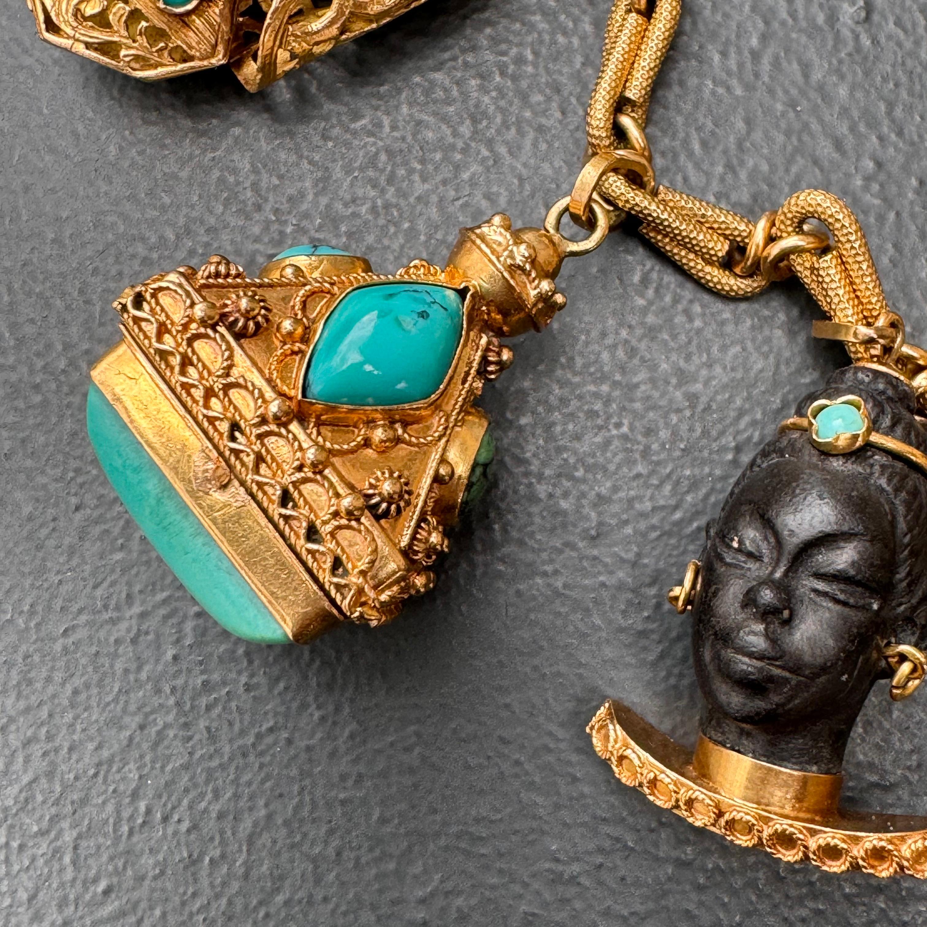 Women's Mid century Italian 18kt Gold Turquoise Etruscan Revival Charm Locket Bracelet  For Sale