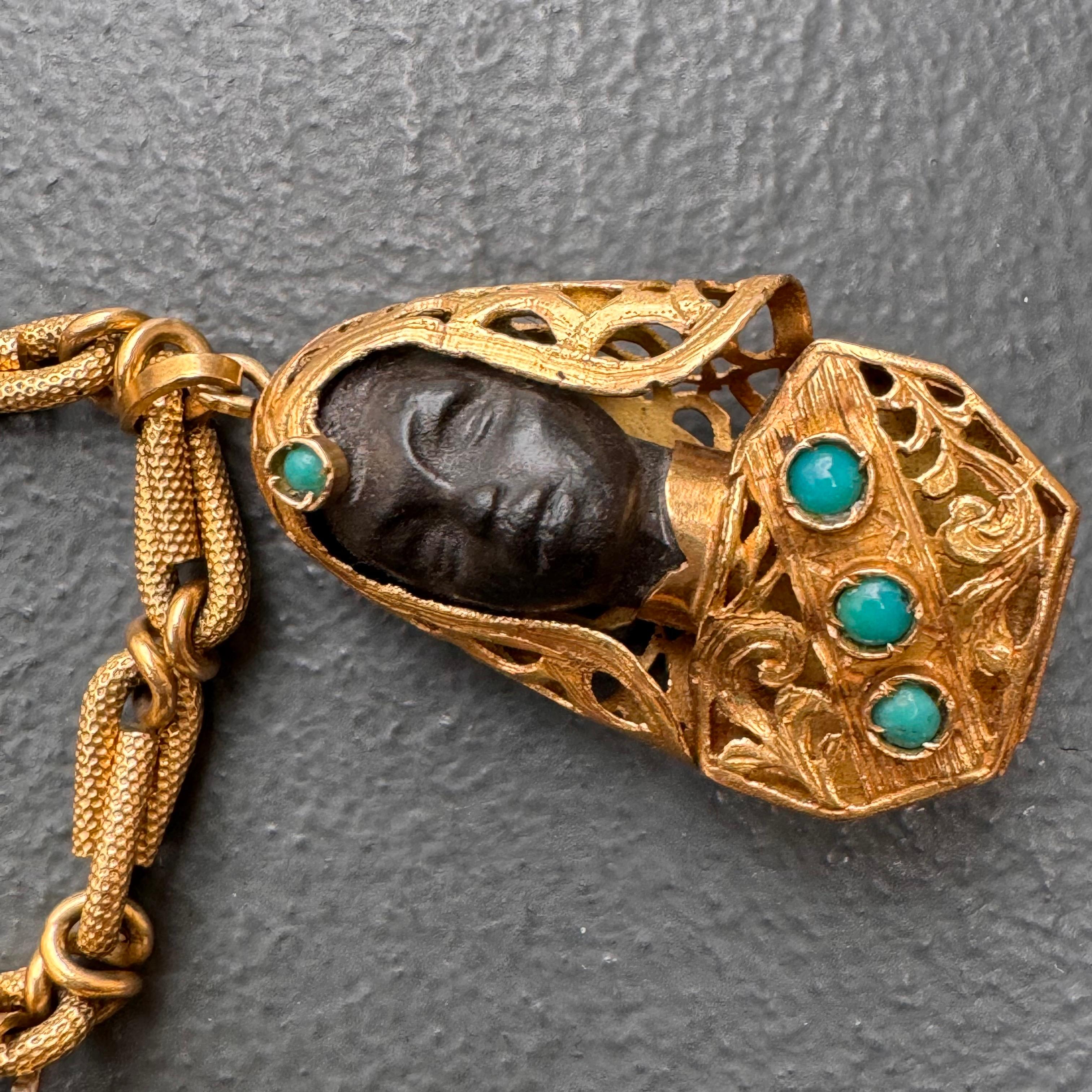 Mid century Italian 18kt Gold Turquoise Etruscan Revival Charm Locket Bracelet  In Good Condition For Sale In Plainsboro, NJ