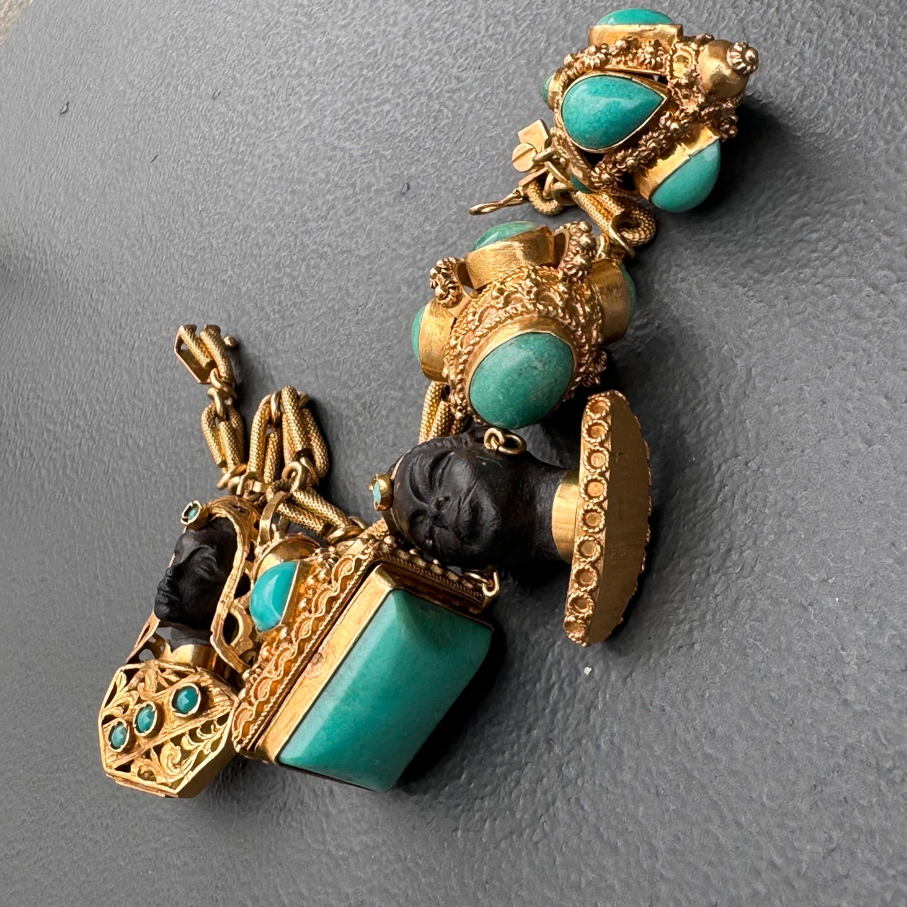 Women's Mid century Italian 18kt Gold Turquoise Etruscan Revival Charm Locket Bracelet  For Sale