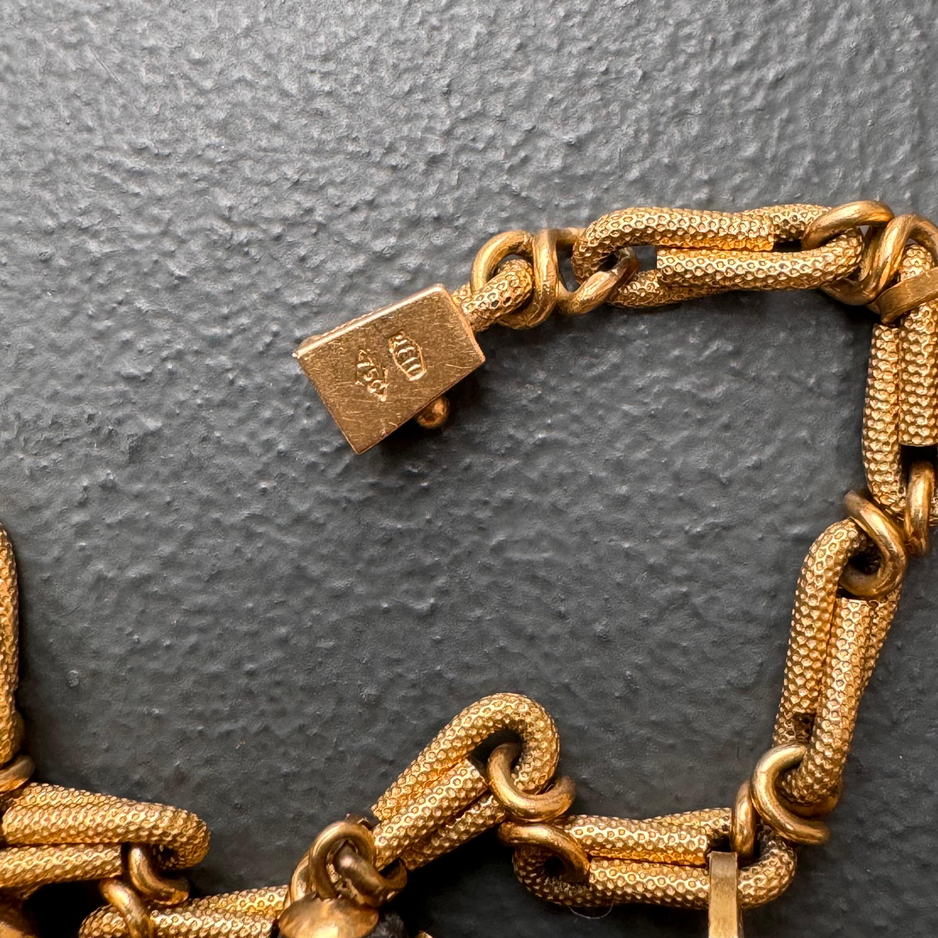 Mid century Italian 18kt Gold Turquoise Etruscan Revival Charm Locket Bracelet For Sale 1