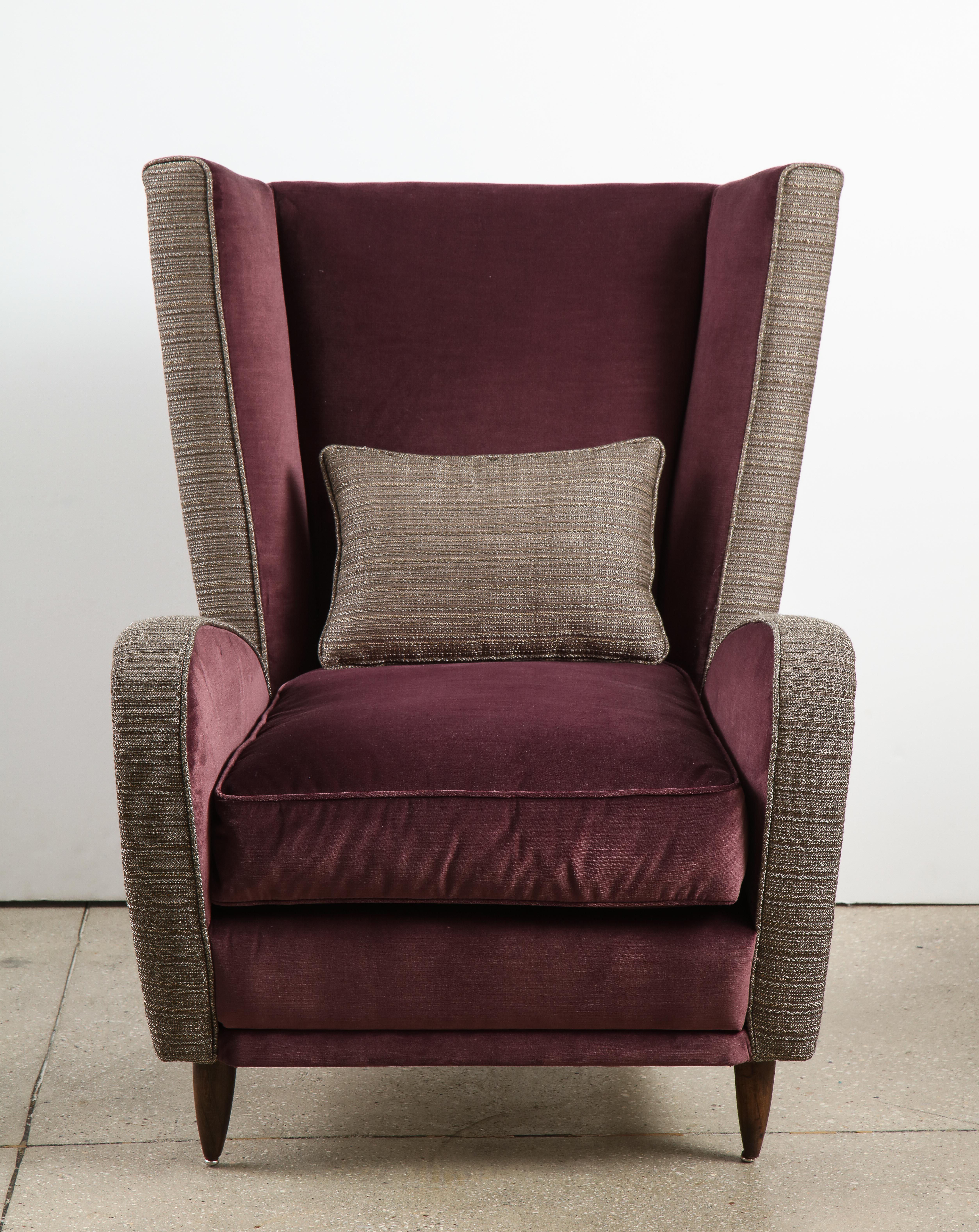 Midcentury Italian armchair by Paolo Buffa reupholstered in Nobilis plum cotton velvet and Dedar Lucilo bouclé fabric. Reupholstered by a master craftsman in Tuscany.

The chair comes with a complementary back cushion.