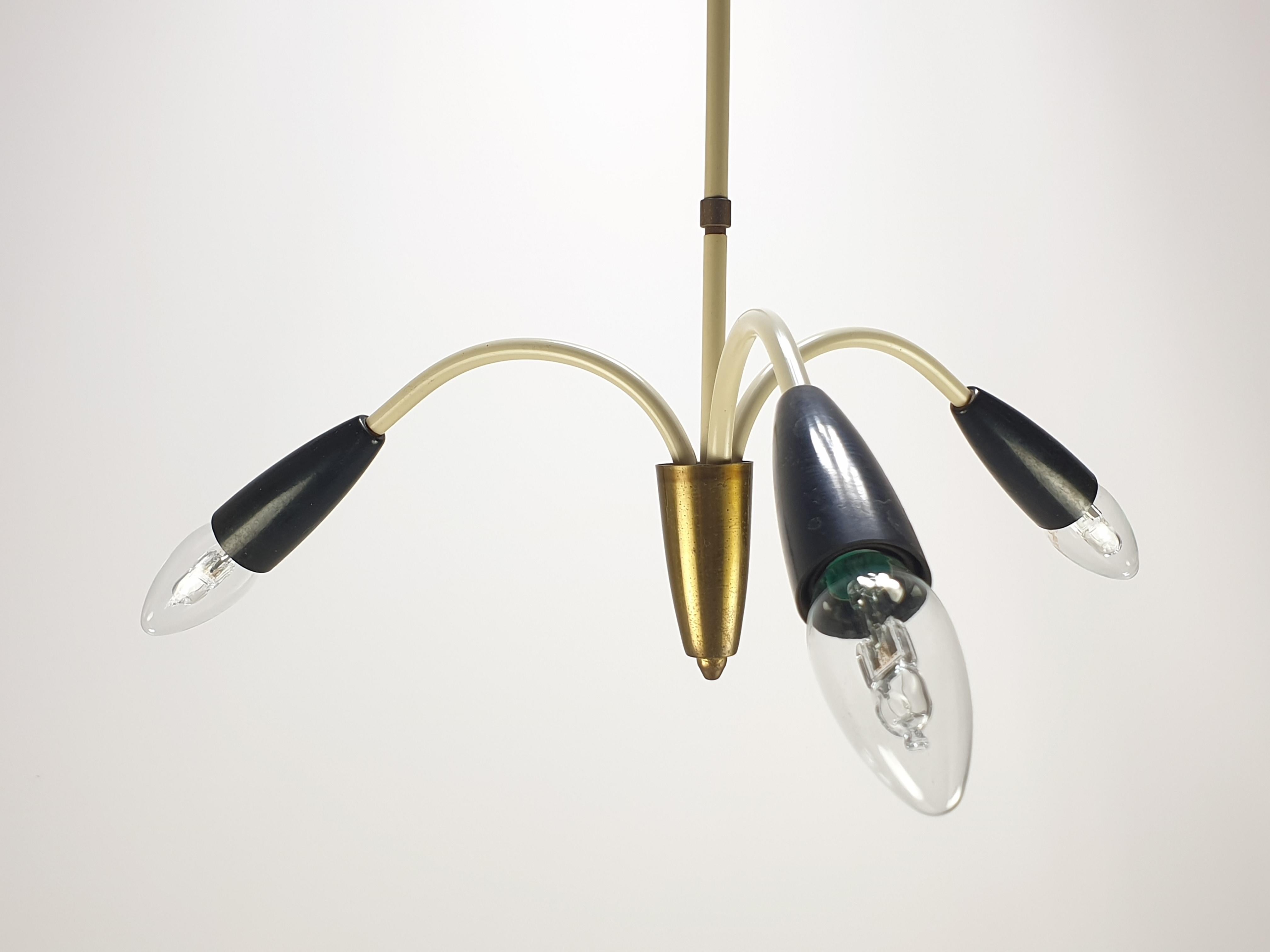 Mid Century Italian 3 Armed Chandelier with Brass, 1960s For Sale 3