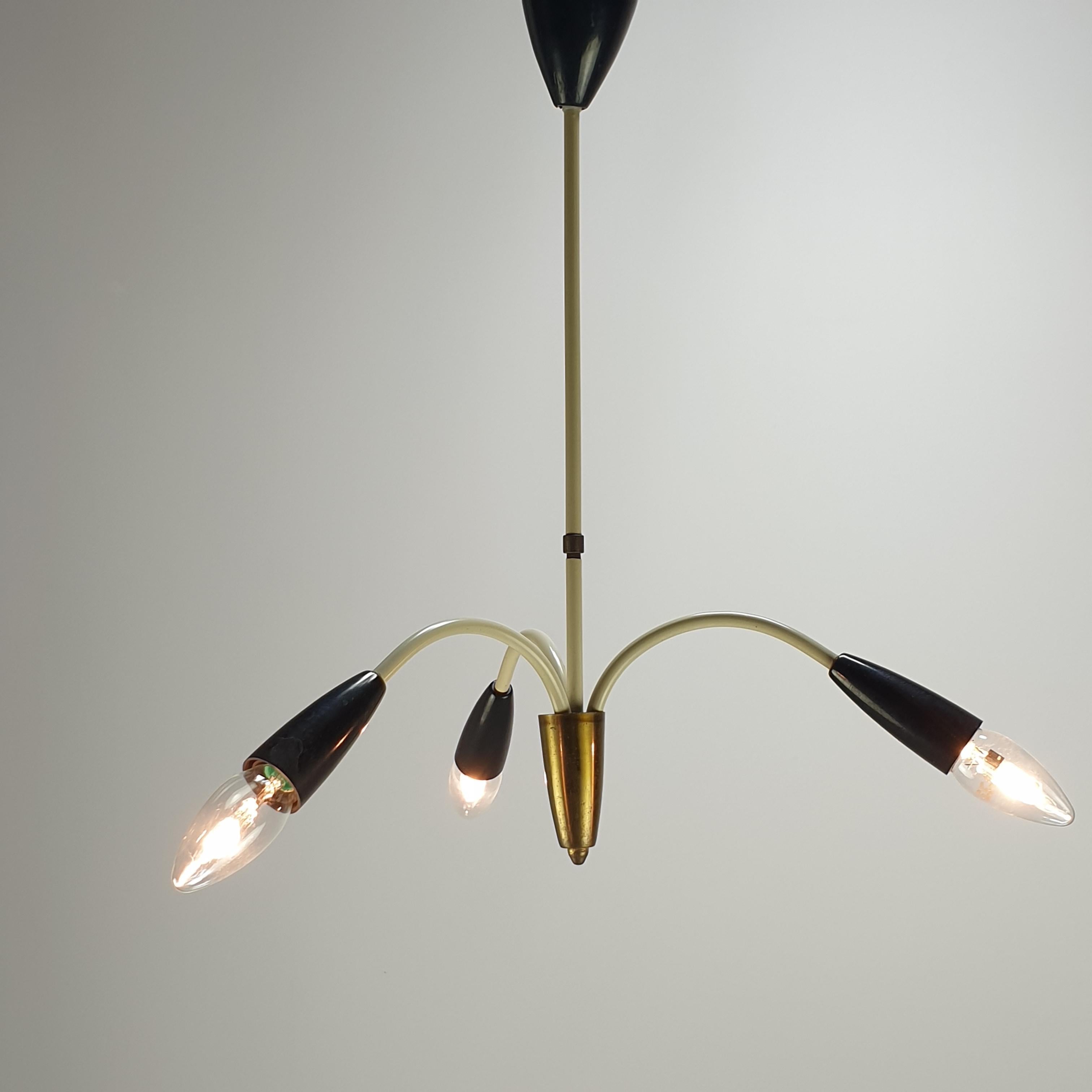 Hand-Crafted Mid Century Italian 3 Armed Chandelier with Brass, 1960s For Sale