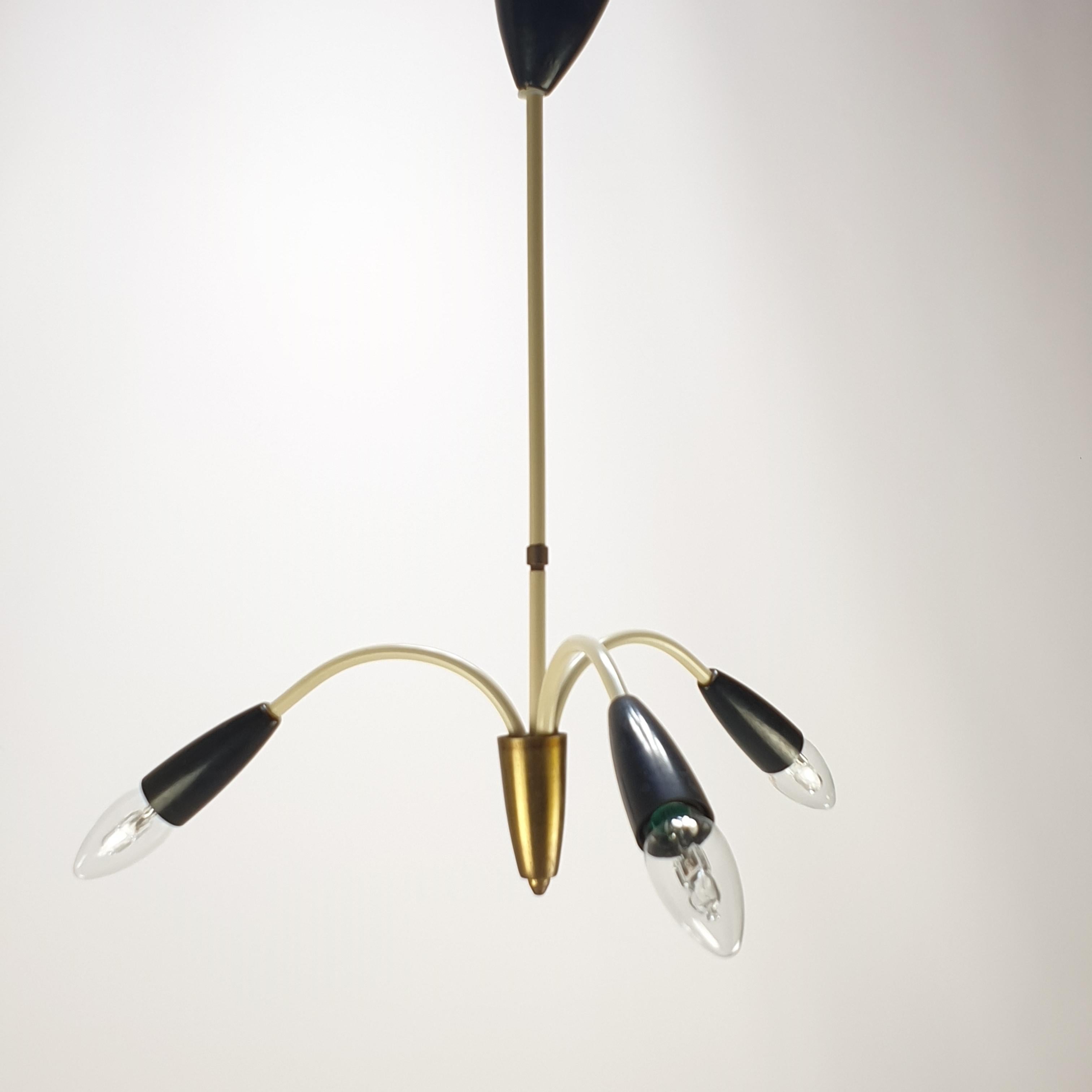 Mid Century Italian 3 Armed Chandelier with Brass, 1960s For Sale 1