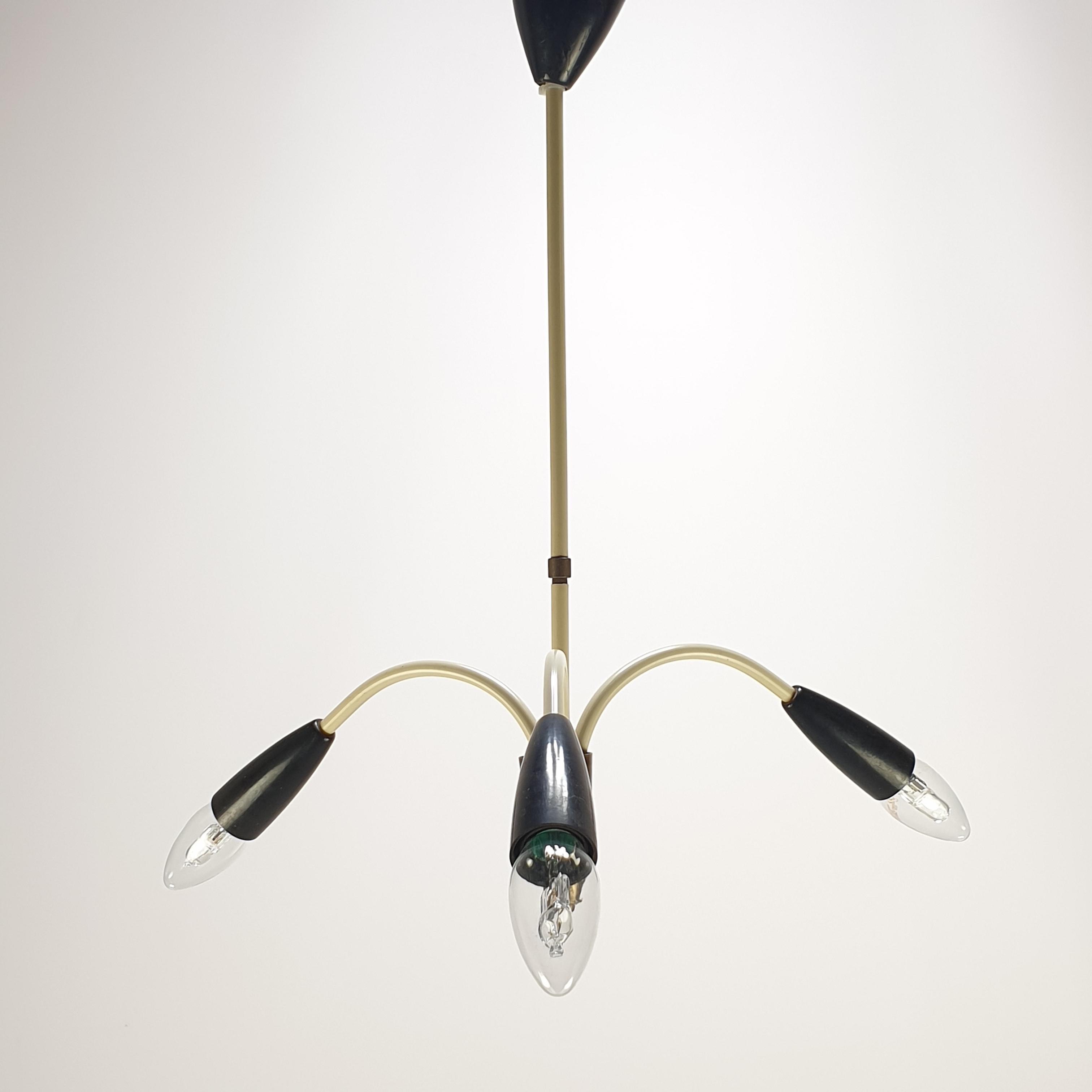 Mid Century Italian 3 Armed Chandelier with Brass, 1960s For Sale 2
