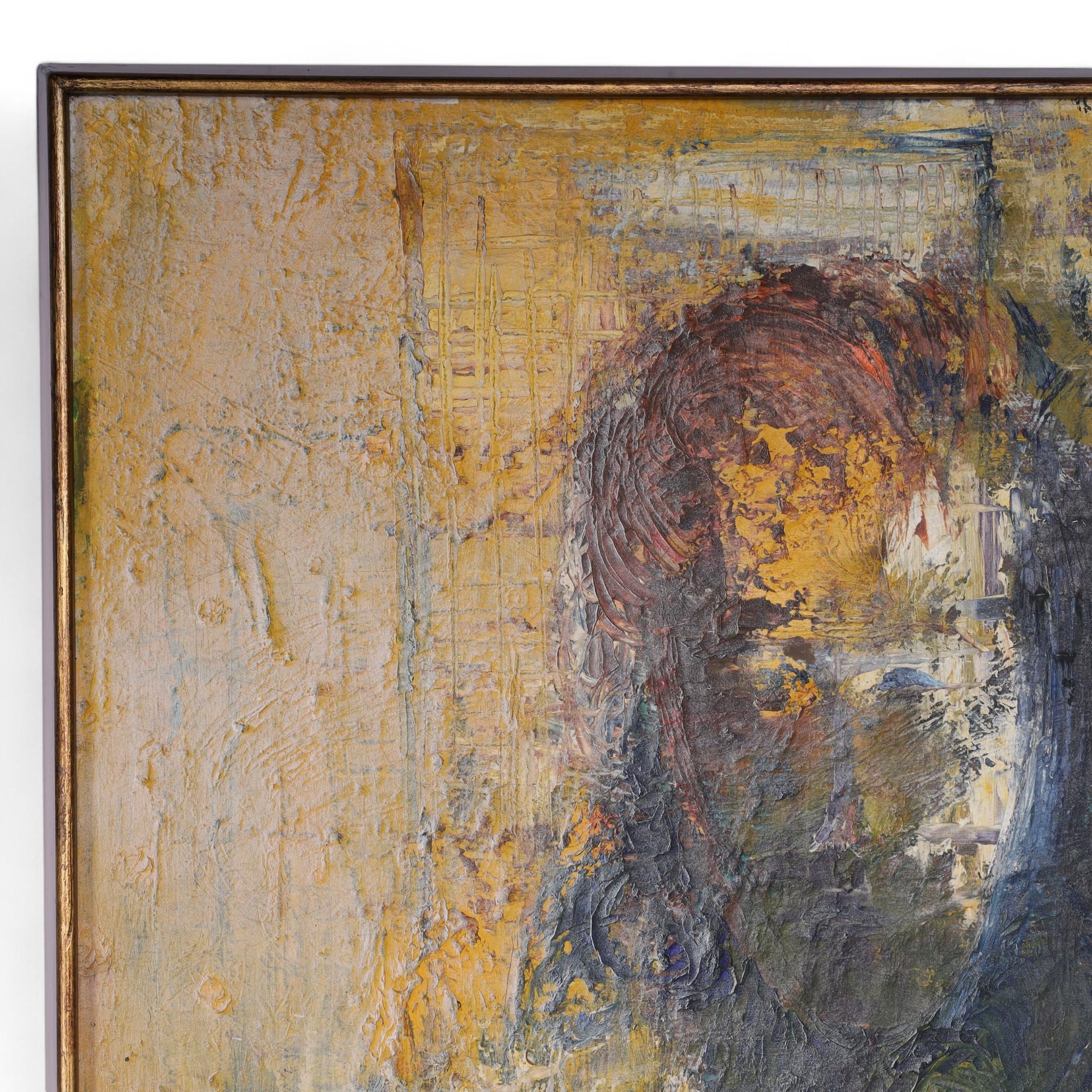 Peinture à l'huile sur toile italienne vintage d'un mystérieux portrait abstrait exécuté dans une technique d'empâtement expressionniste. Signée Donati en bas à droite et présentée dans un cadre en bois avec bordure dorée. 