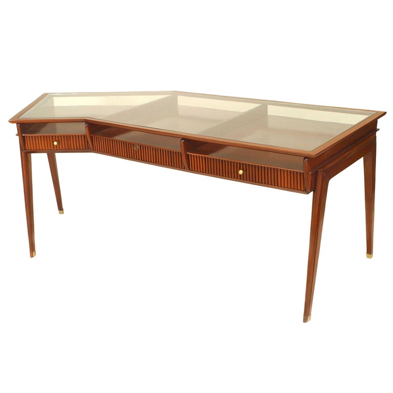 MidCentury Italian Abstracted Mahogany and Glass Desk, by Paolo Buffa