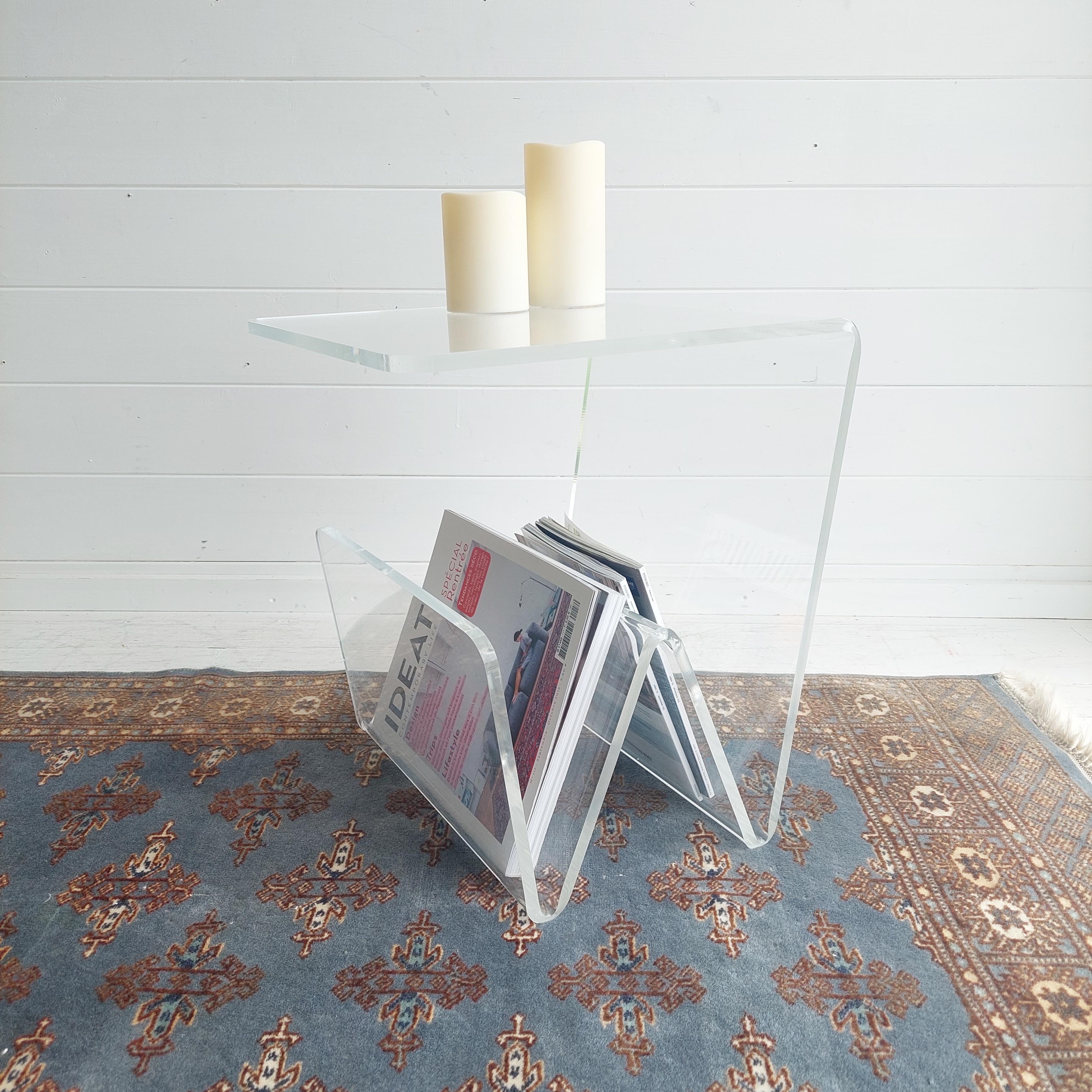 European Mid Century Italian Acrylic Plexiglass Side Table with magazine rack, 70s