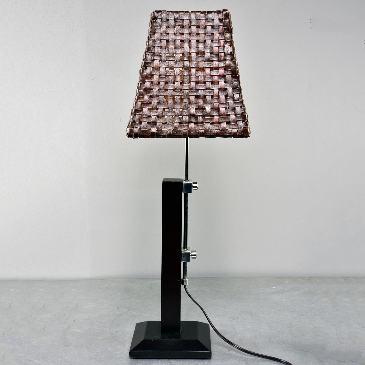 Hand-Woven Midcentury Italian Adjustable Lamp with Original Woven Leather Shade For Sale