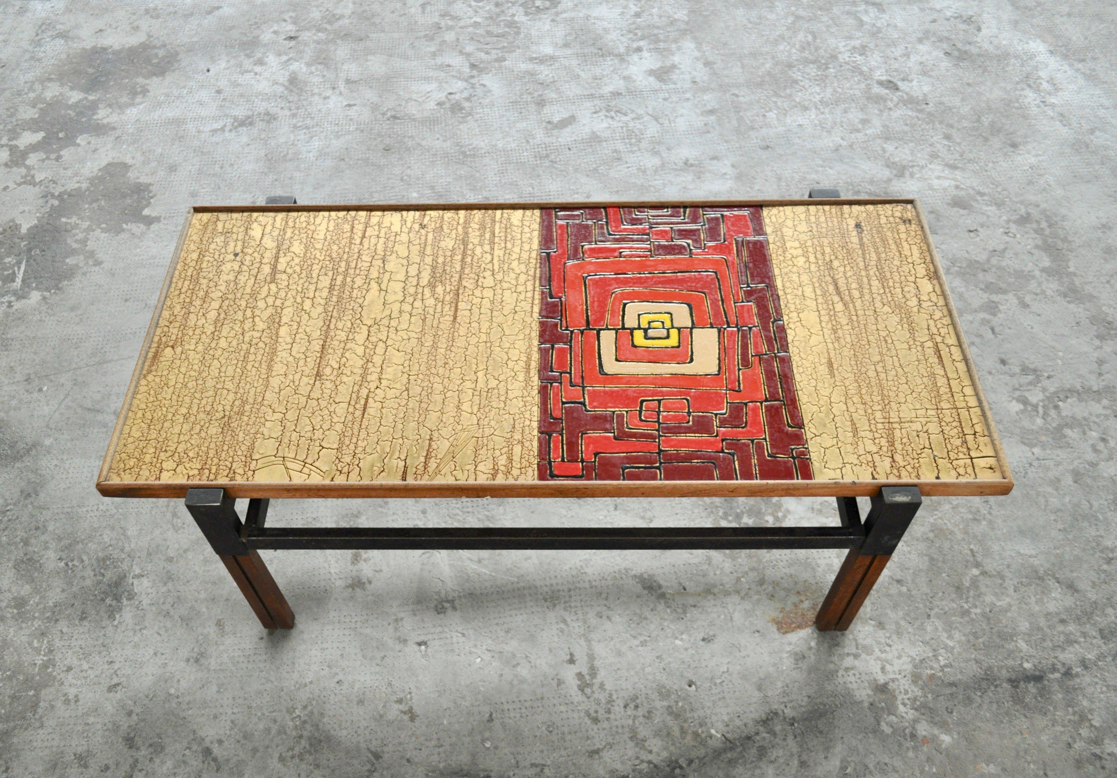 Mid-20th Century Mid-Century Italian Afrormosia Coffee Table – 1950s Iron and Colored Resin in vendita