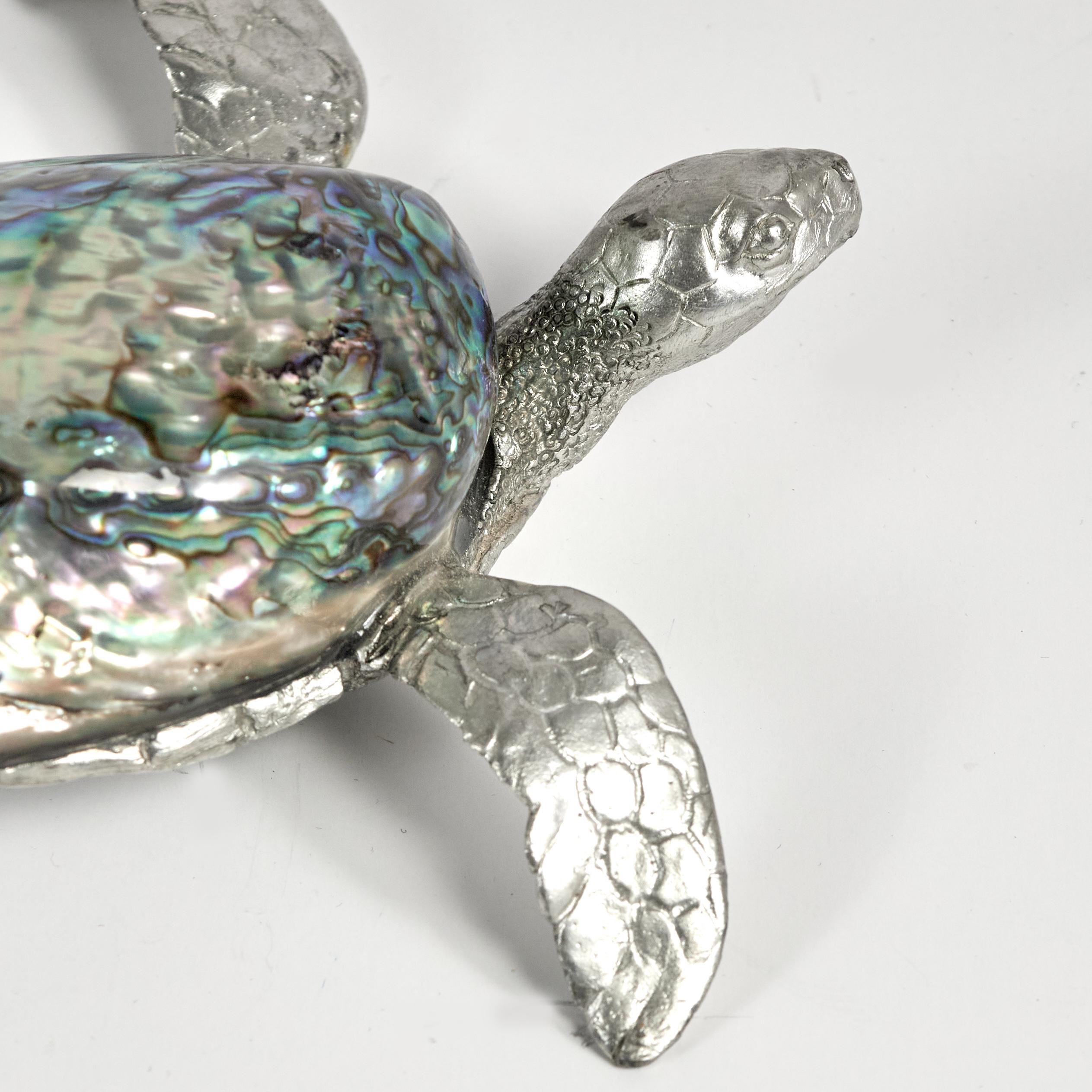 Hand-Crafted Mid Century Italian Aluminum and Abalone Turtle Sculpture