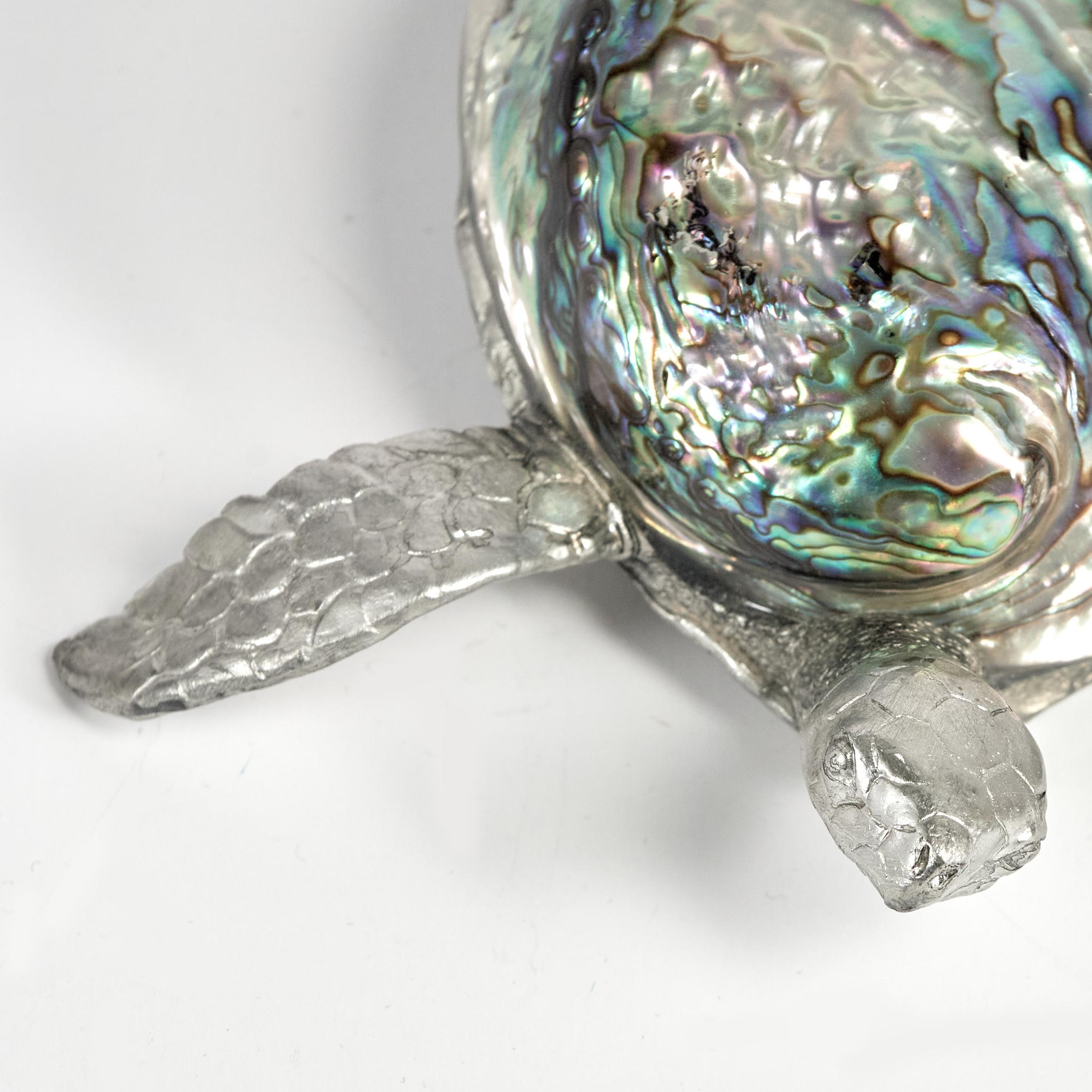 Mid Century Italian Aluminum and Abalone Turtle Sculpture In Good Condition In Palm Beach, FL