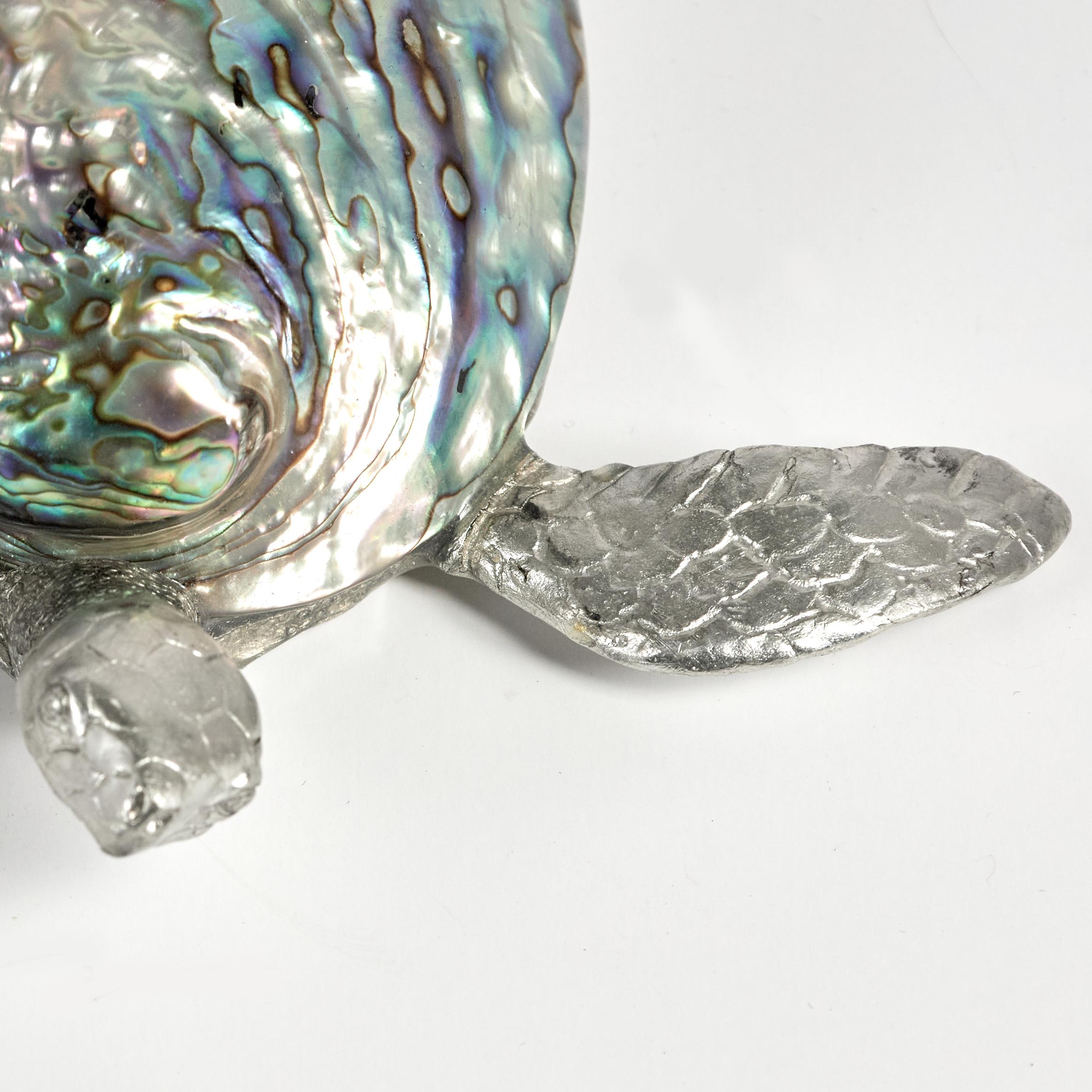 20th Century Mid Century Italian Aluminum and Abalone Turtle Sculpture