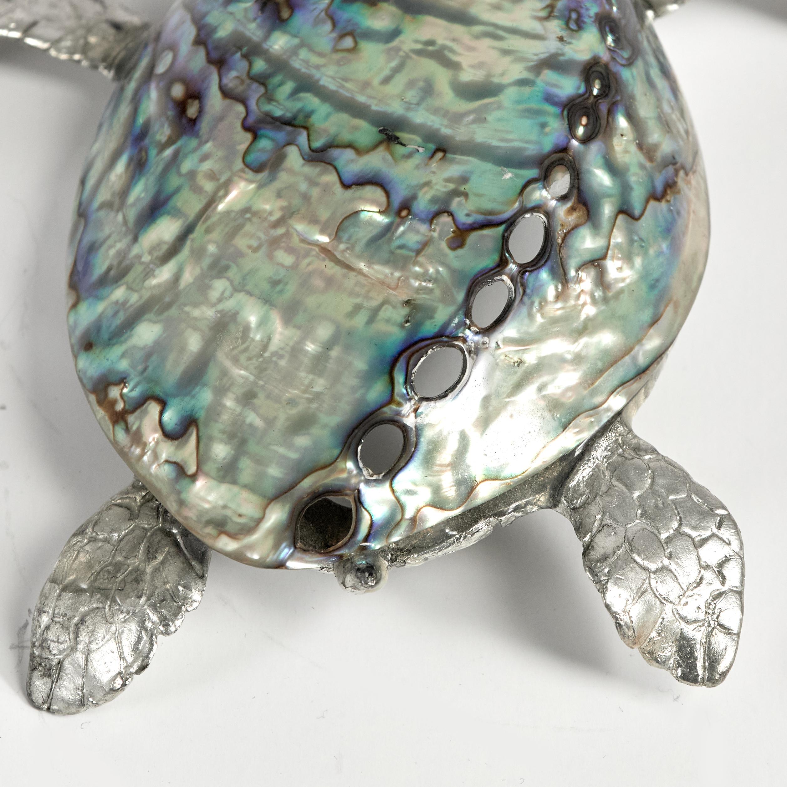 Mid Century Italian Aluminum and Abalone Turtle Sculpture 1