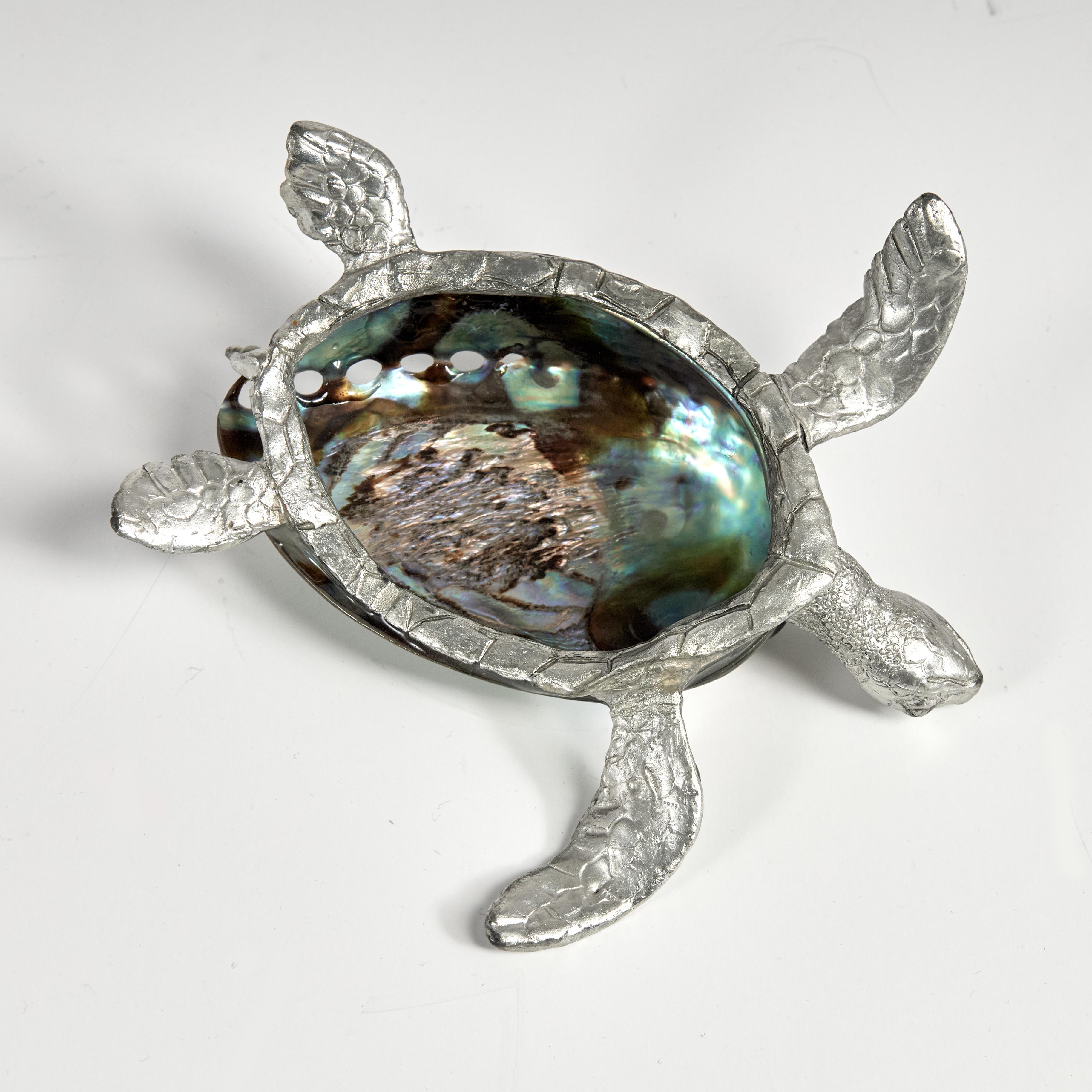 Mid Century Italian Aluminum and Abalone Turtle Sculpture 2