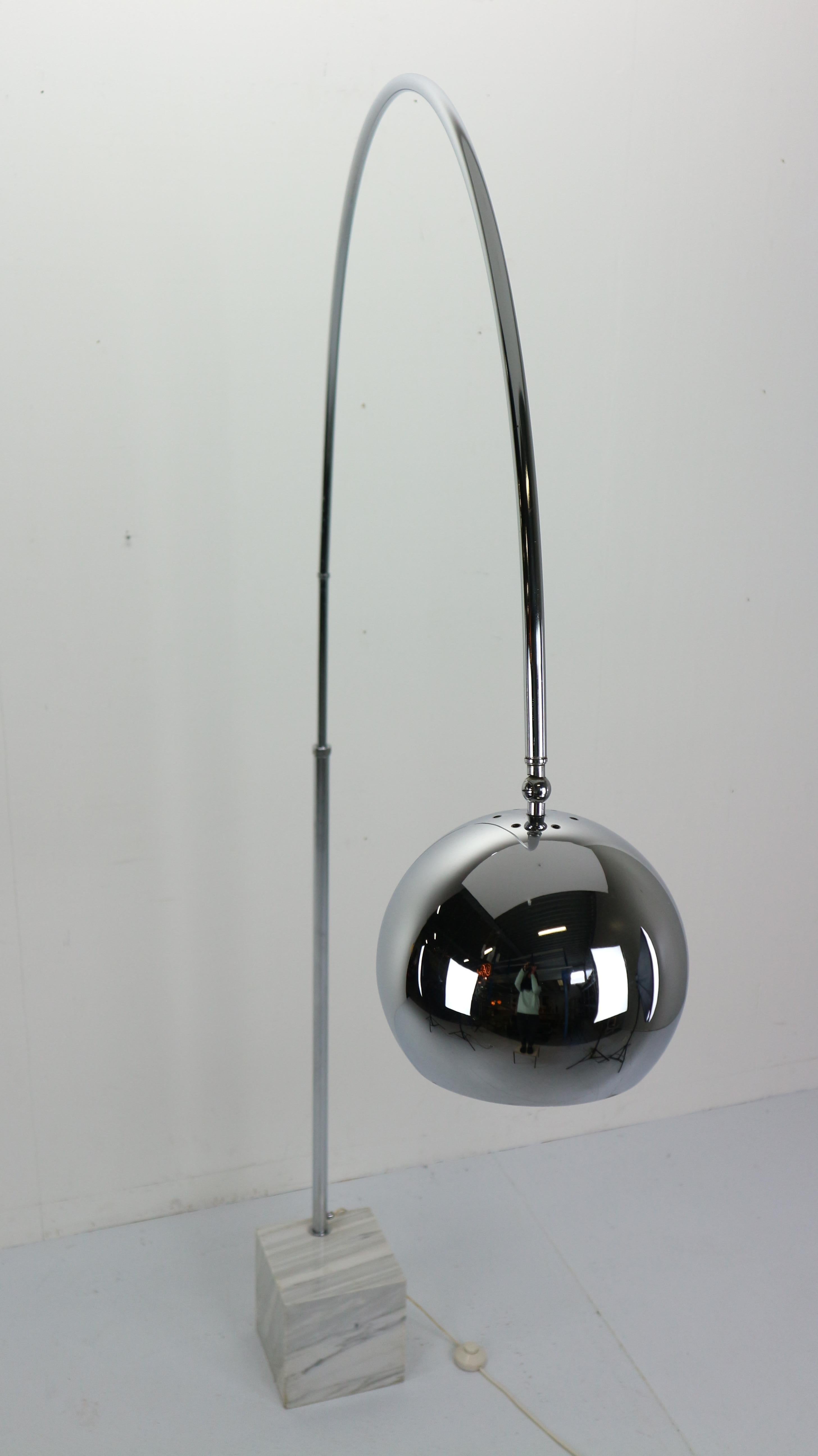 Mid-Century Italian Arc Floor Lamp, Marble Base- Chrome Dome Shade, 1970's 2