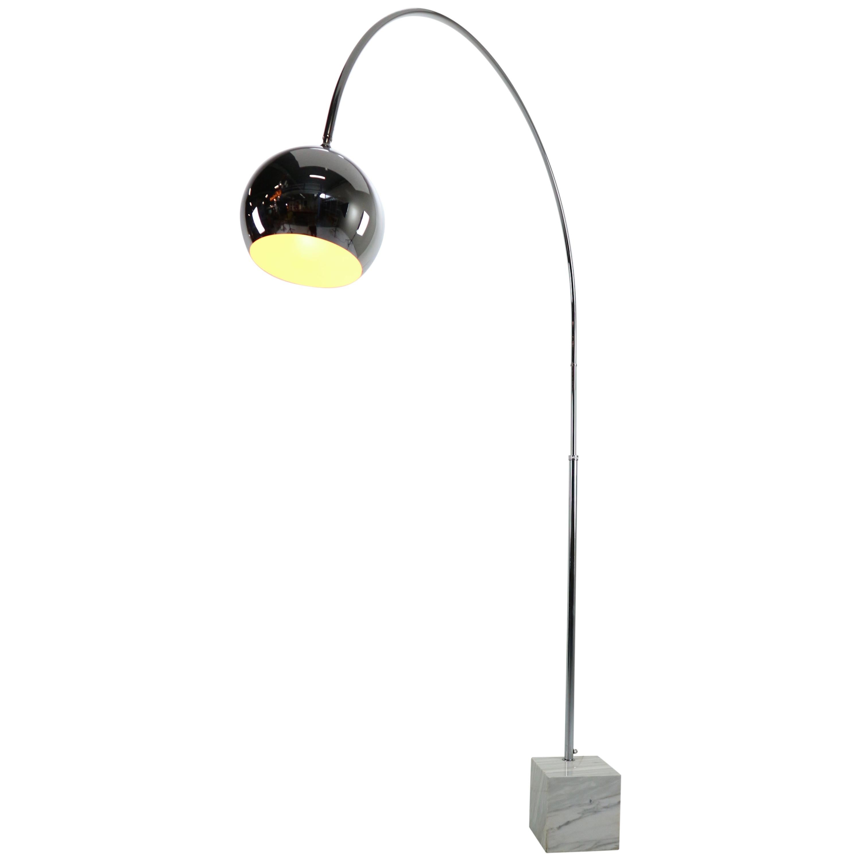 Mid-Century Italian Arc Floor Lamp, Marble Base- Chrome Dome Shade, 1970's