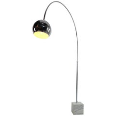 Vintage Mid-Century Italian Arc Floor Lamp, Marble Base- Chrome Dome Shade, 1970's