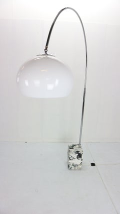 Midcentury Italian Arc Floor Lamp, Marble Base, Chrome, White Shade, 1970