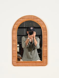 Mid-Century Italian Arch Mirror in Bamboo and Woven Wicker, 1970s