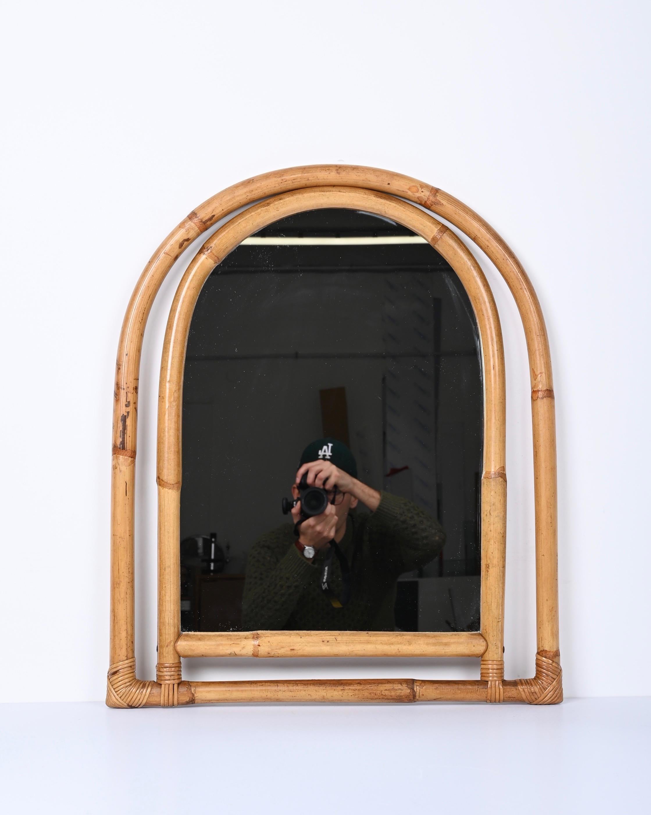 Midcentury Italian Arch Mirror with Double Bamboo and Rattan Frame, Italy, 1970s For Sale 5