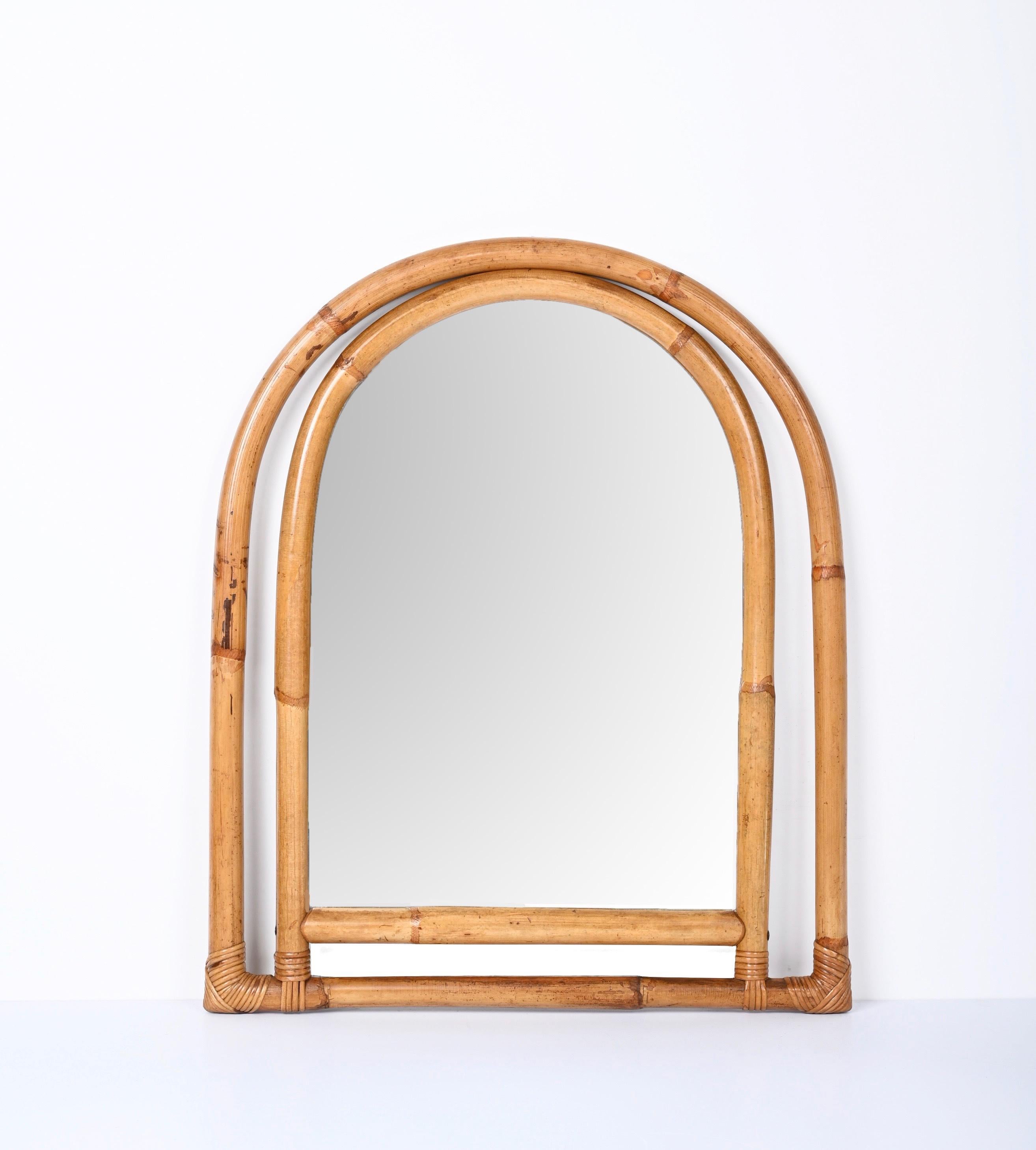 Mid-Century Modern Midcentury Italian Arch Mirror with Double Bamboo and Rattan Frame, Italy, 1970s For Sale
