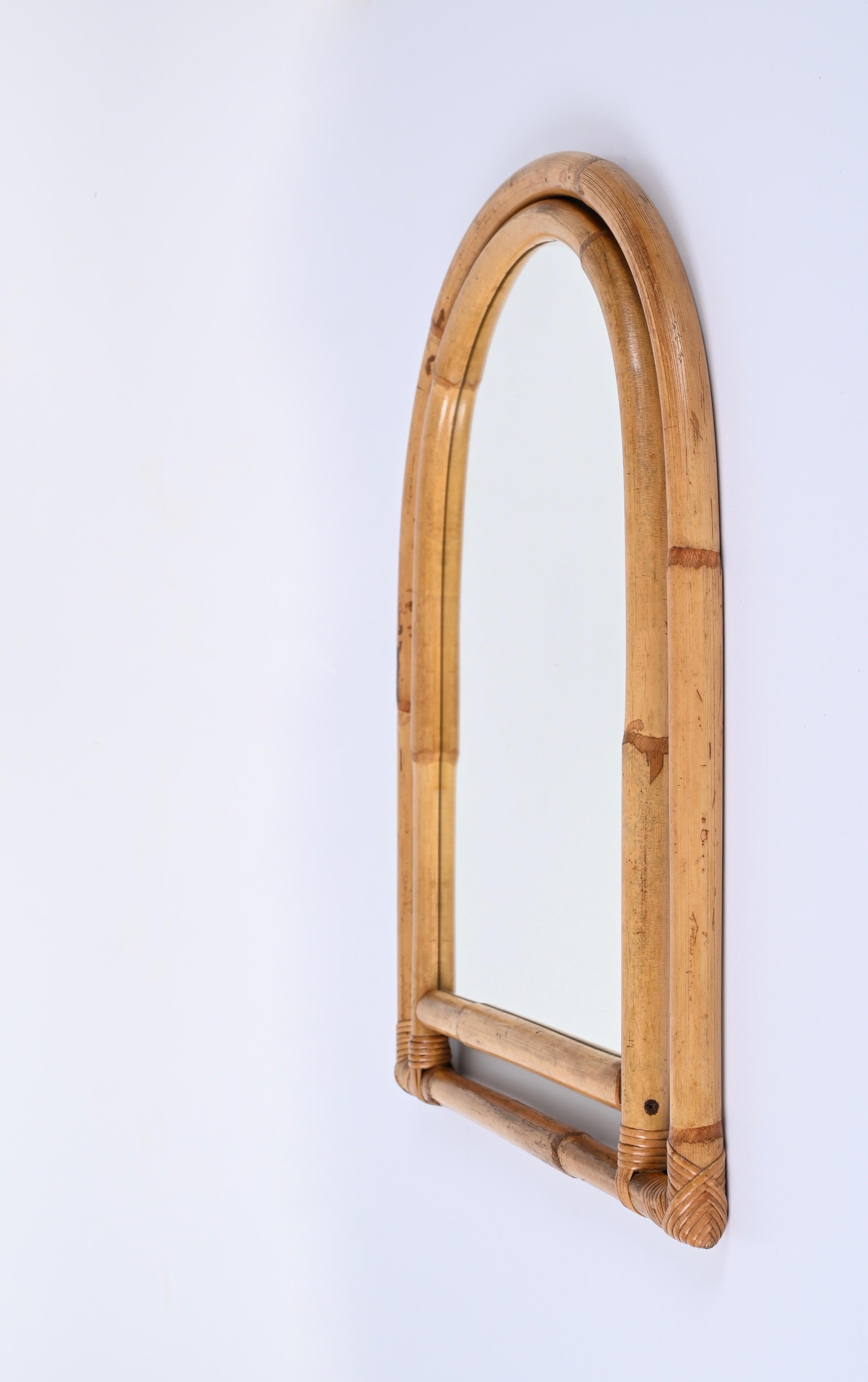 Midcentury Italian Arch Mirror with Double Bamboo and Rattan Frame, Italy, 1970s For Sale 1