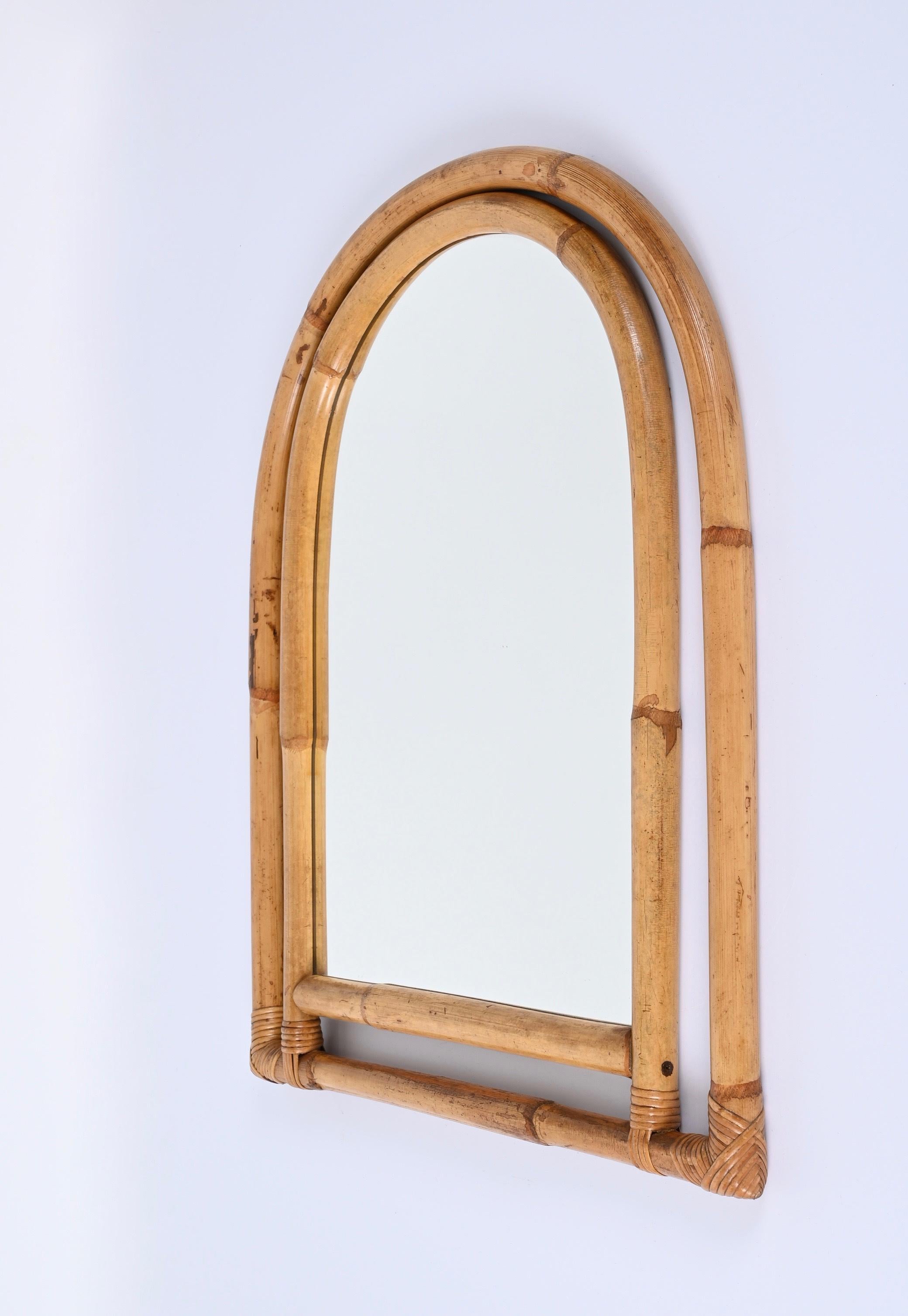 Midcentury Italian Arch Mirror with Double Bamboo and Rattan Frame, Italy, 1970s For Sale 3